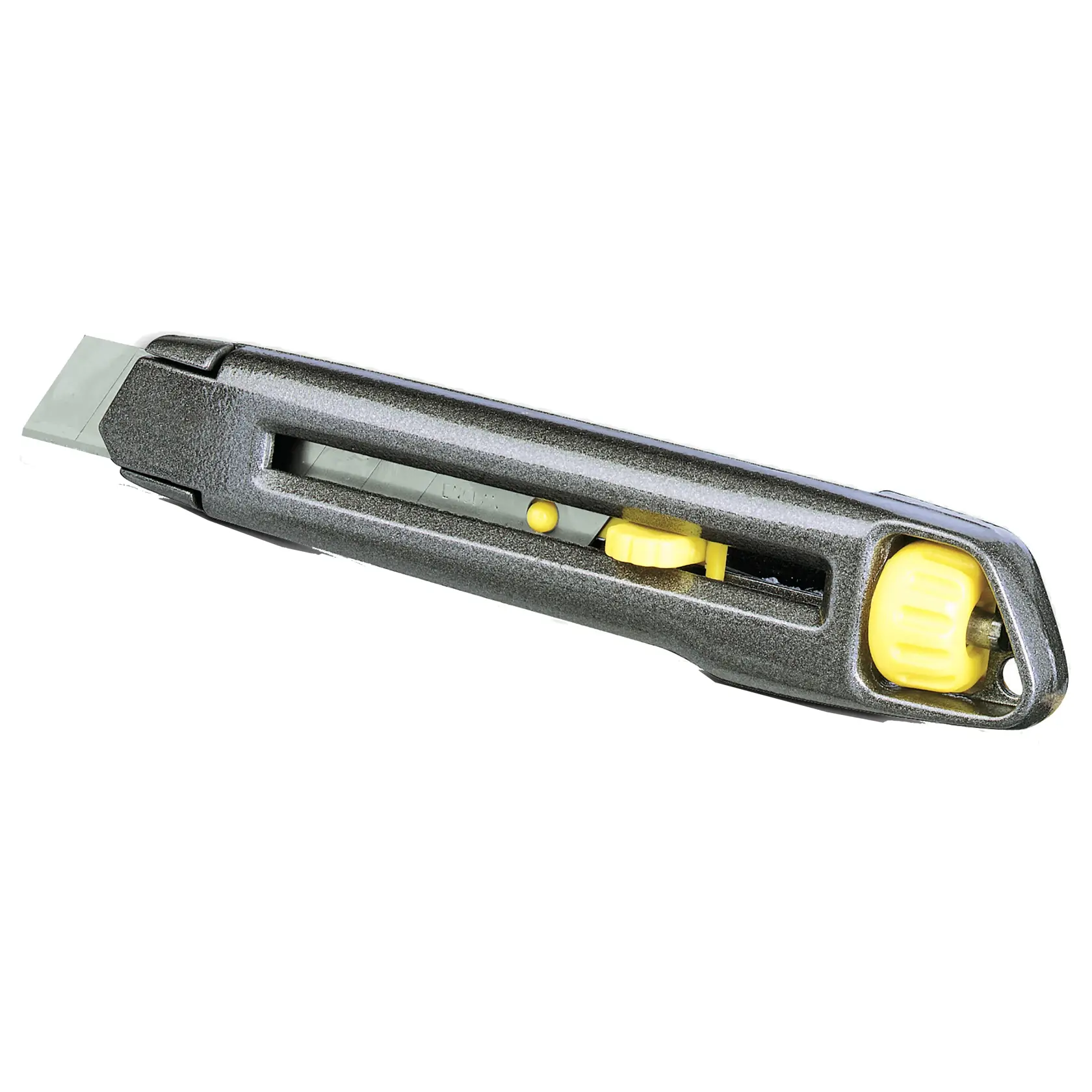 Stanley utility knife with a retractable blade and yellow safety lock, suitable for cutting tasks.