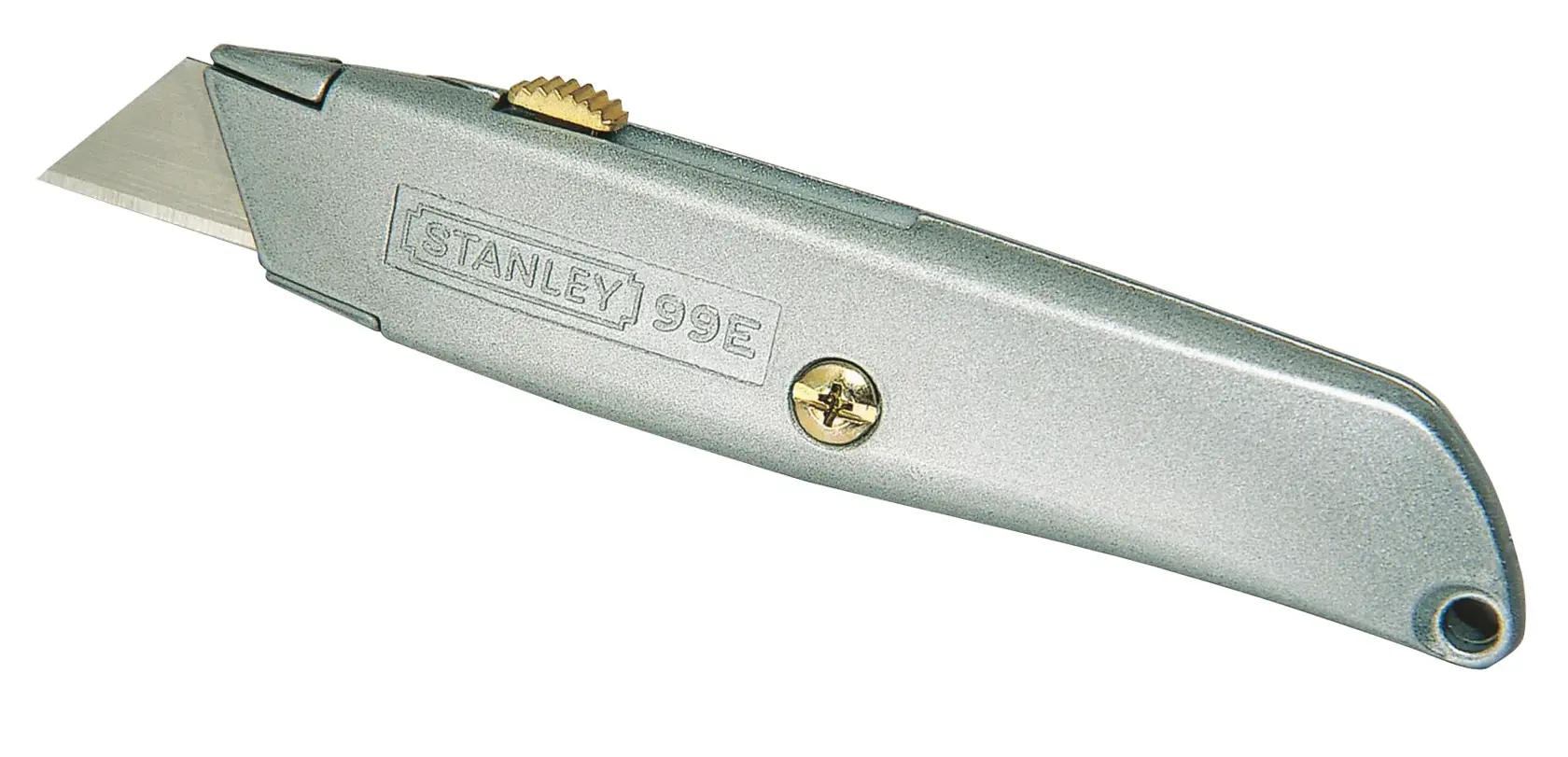 Photo of STANLEY 1-10-099 utility knife, silver metal body with retractable blade, side view on white background.