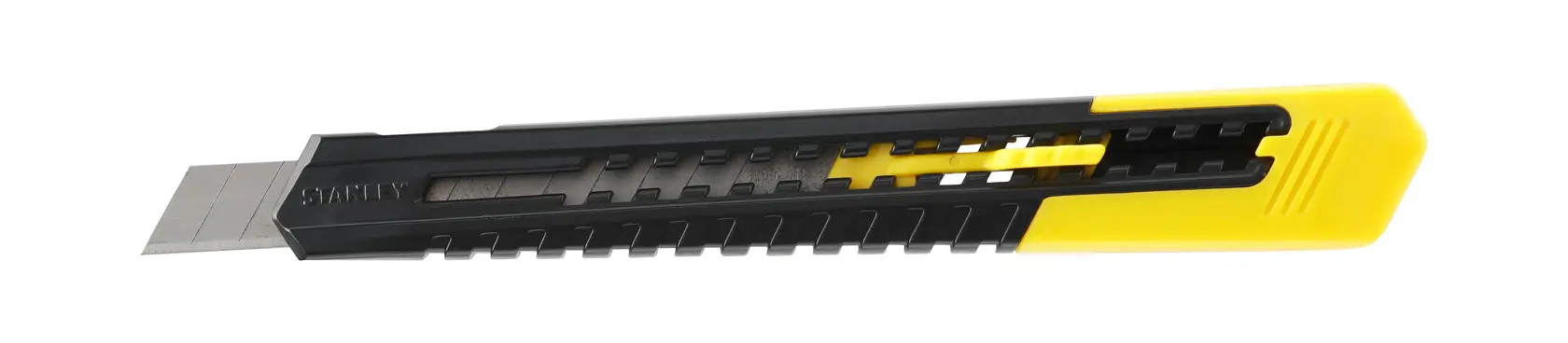Stanley utility knife with a segmented blade, black and yellow handle, for precision cutting tasks.