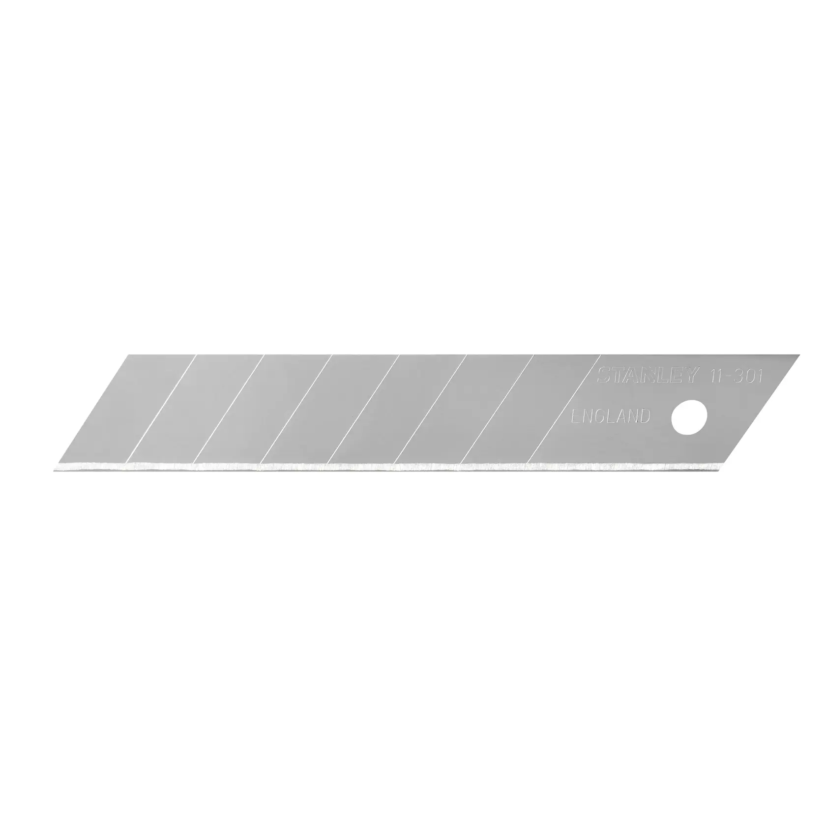 STANLEY 1-11-301 silver snap-off utility blade, segmented, side view, on white background.