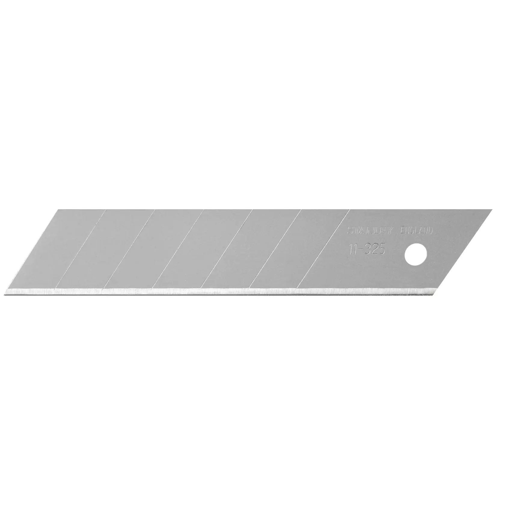 STANLEY 1-11-325 snap-off utility knife blade, silver, side view, showing scored sections and hanging hole.