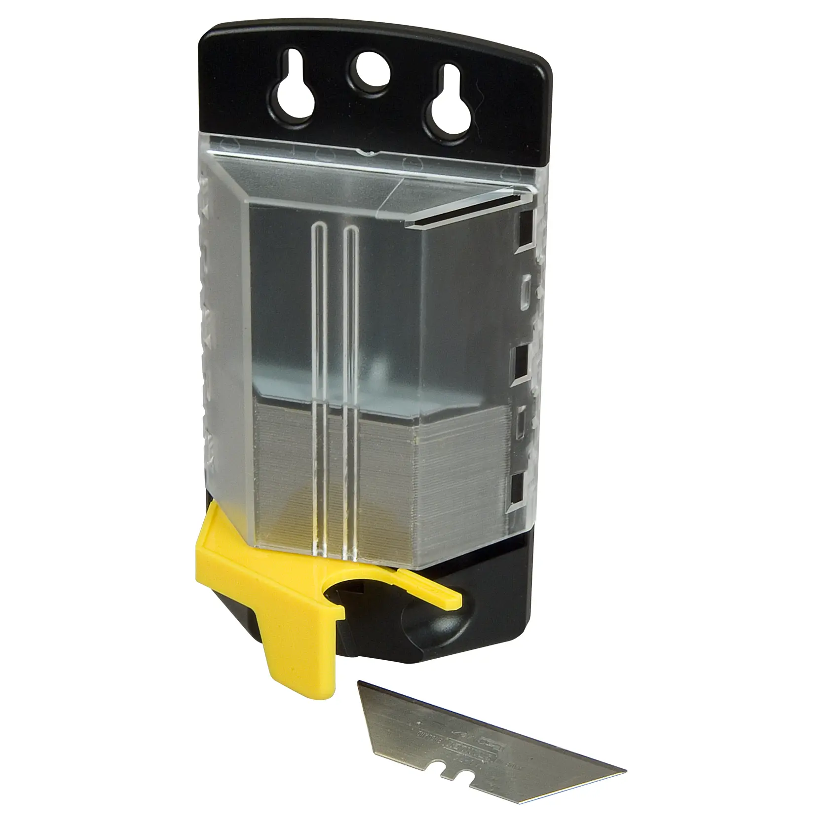 STANLEY 1-11-700 utility blade dispenser with transparent case, yellow slider, and single blade on white background.