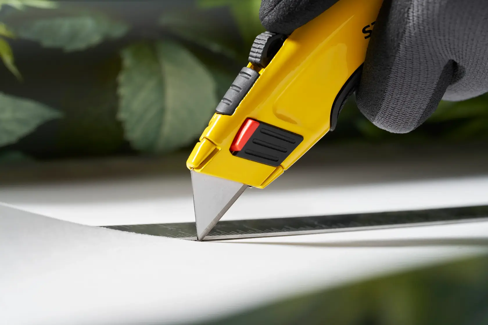 Photo of STANLEY 1-11-700 utility knife cutting paper with a straight edge, close-up on blade and handle.