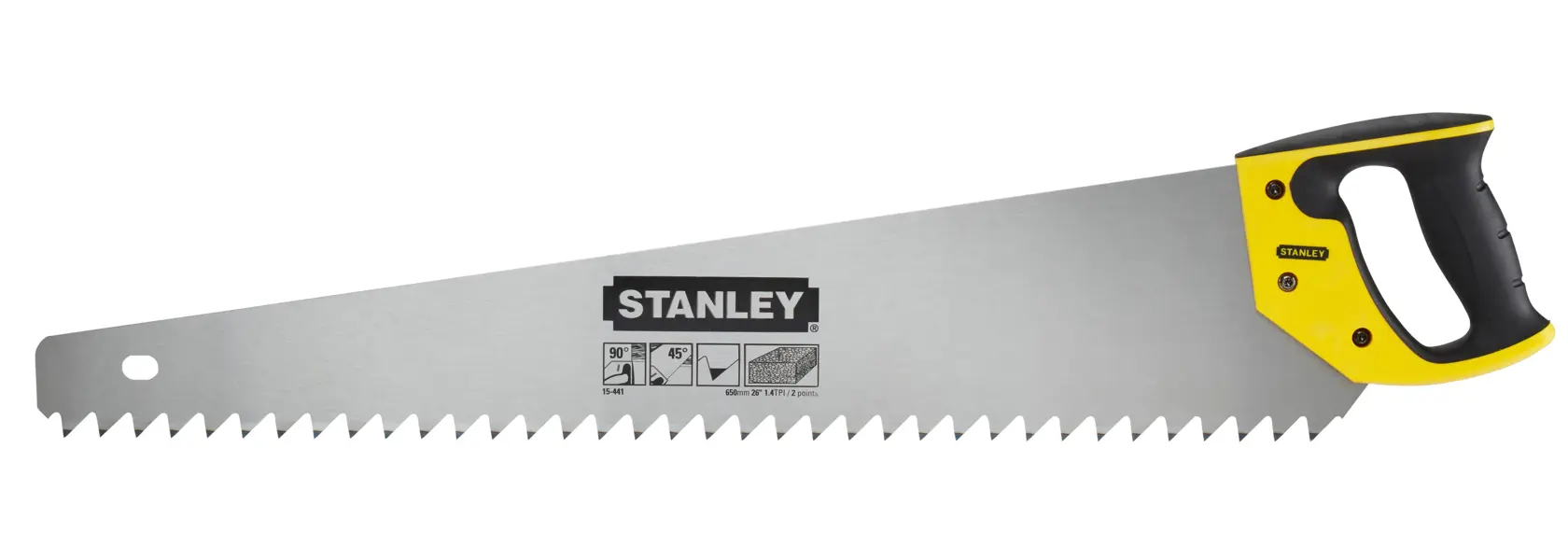 Stanley Handsäge mit gelb-schwarzem Griff, breitem Blatt und großen Zähnen für Dämmstoffe.