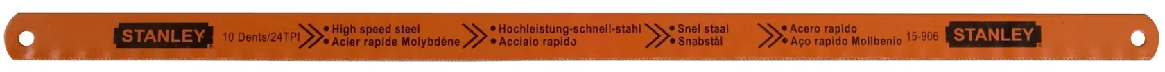 Orange STANLEY high speed steel hacksaw blade with product details printed along its length.