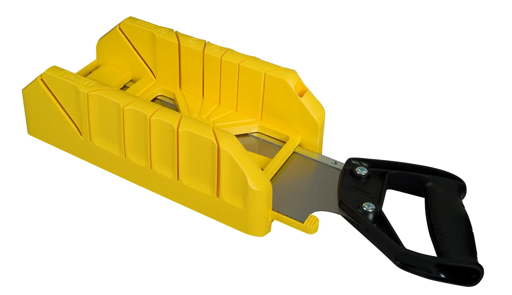 STANLEY 1-19-800 mitre box and saw, yellow plastic body with black handle, white background angle.