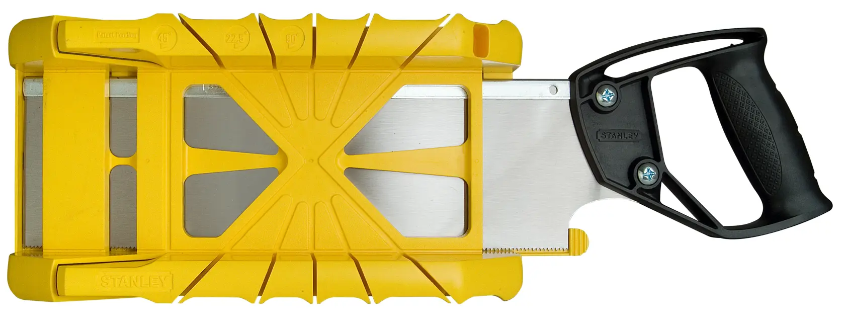 STANLEY 1-19-800 mitre box with backsaw, yellow plastic, black handle, top view on white background.