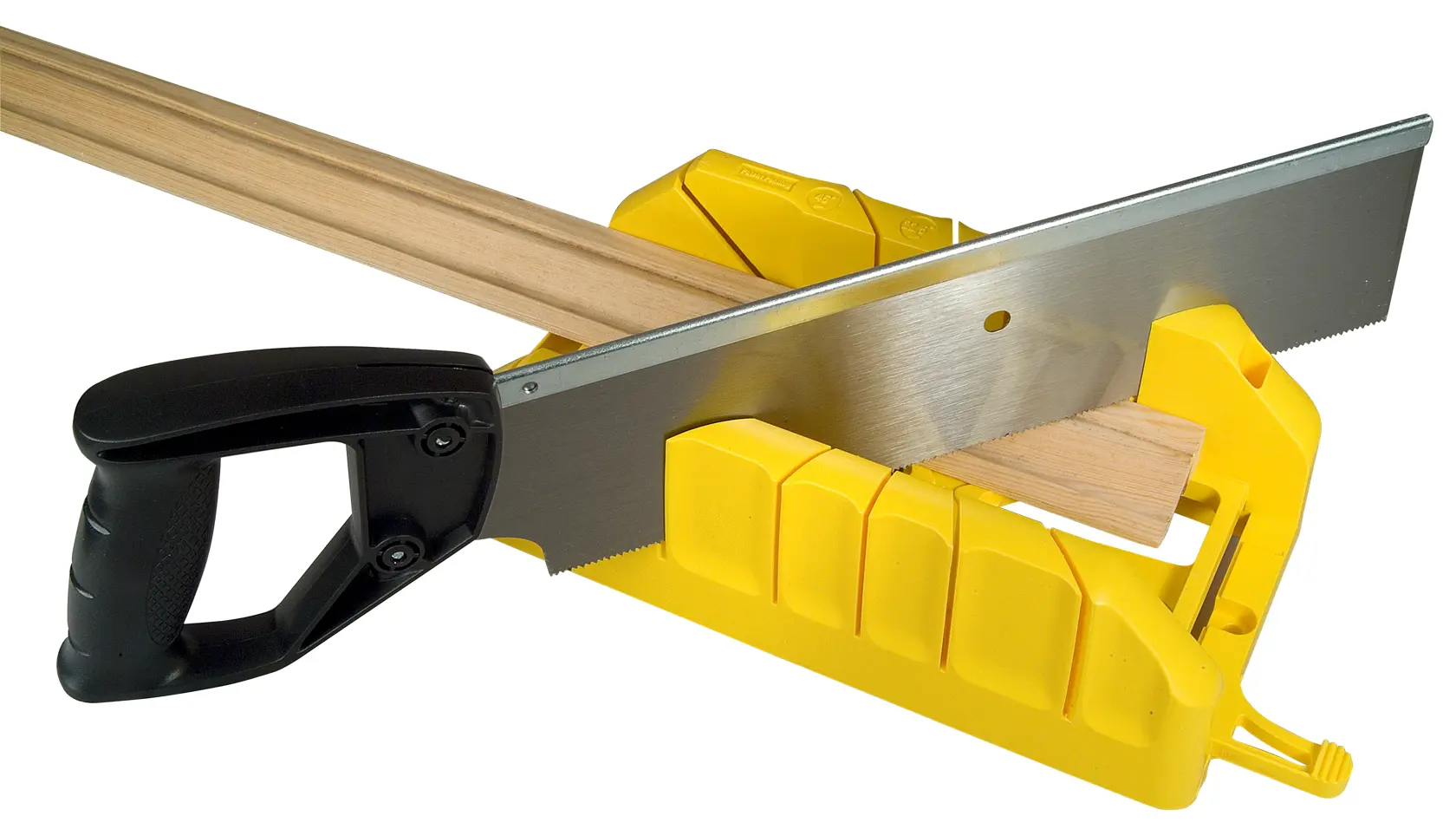 STANLEY 1-19-800 miter box with hand saw cutting wood, side view on white background.