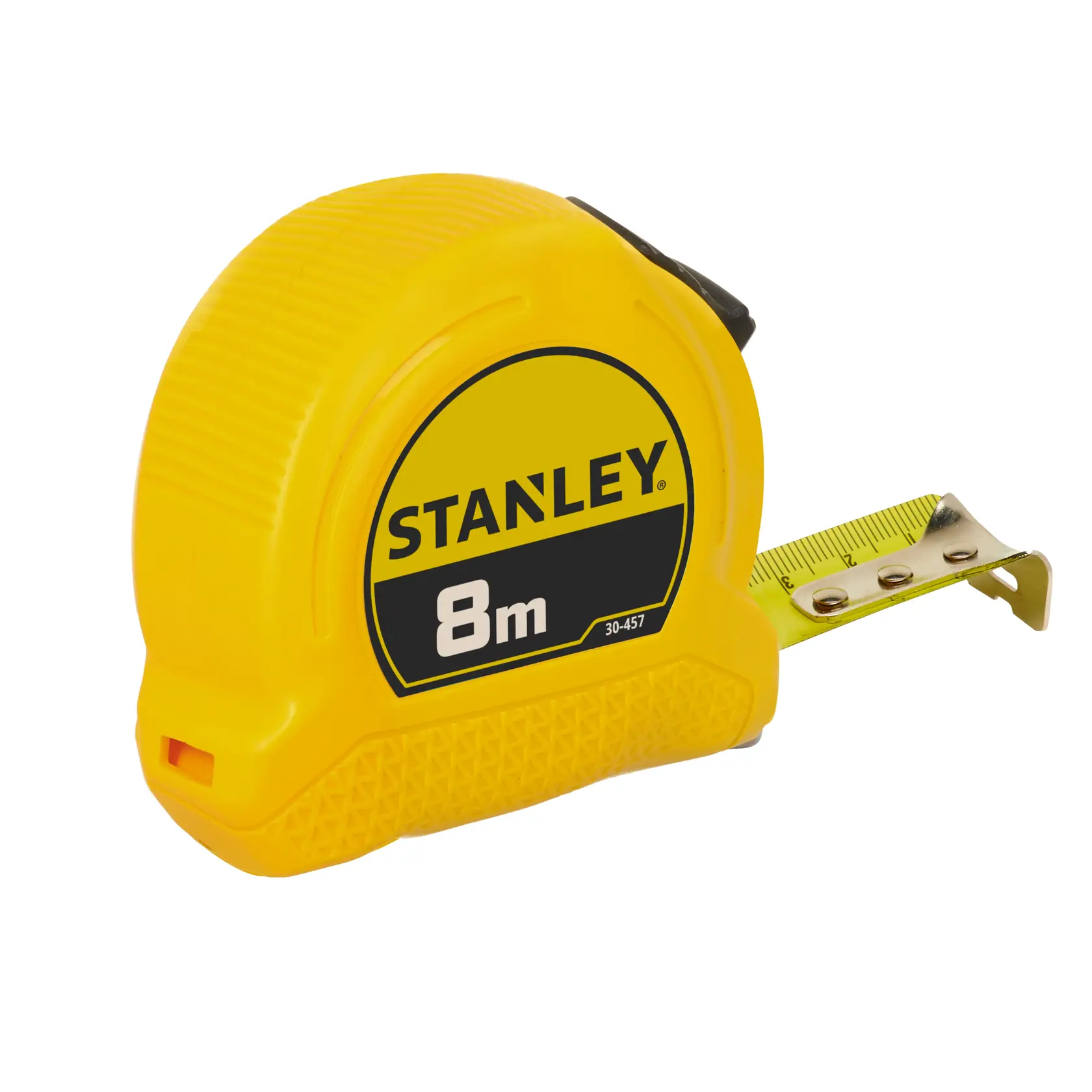 Yellow STANLEY tape measure with 8m length, partially extended metal tape.