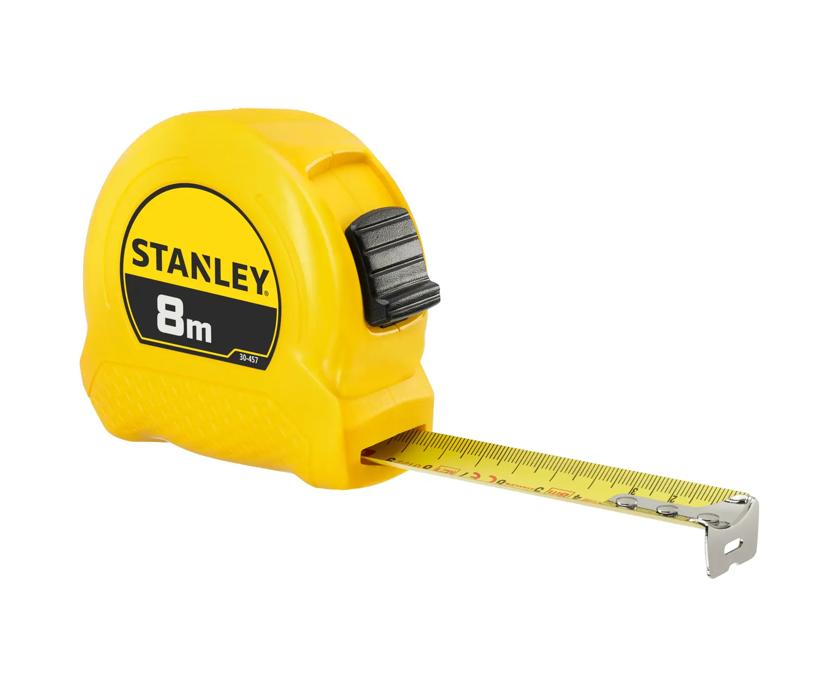 Photo of STANLEY 1-30-457 yellow 8m tape measure front view, black circular label with yellow text.