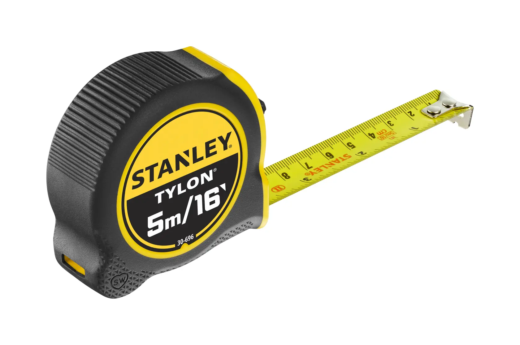 STANLEY 1-30-696 tape measure, black and yellow, 5m/16ft, left angle on white background.