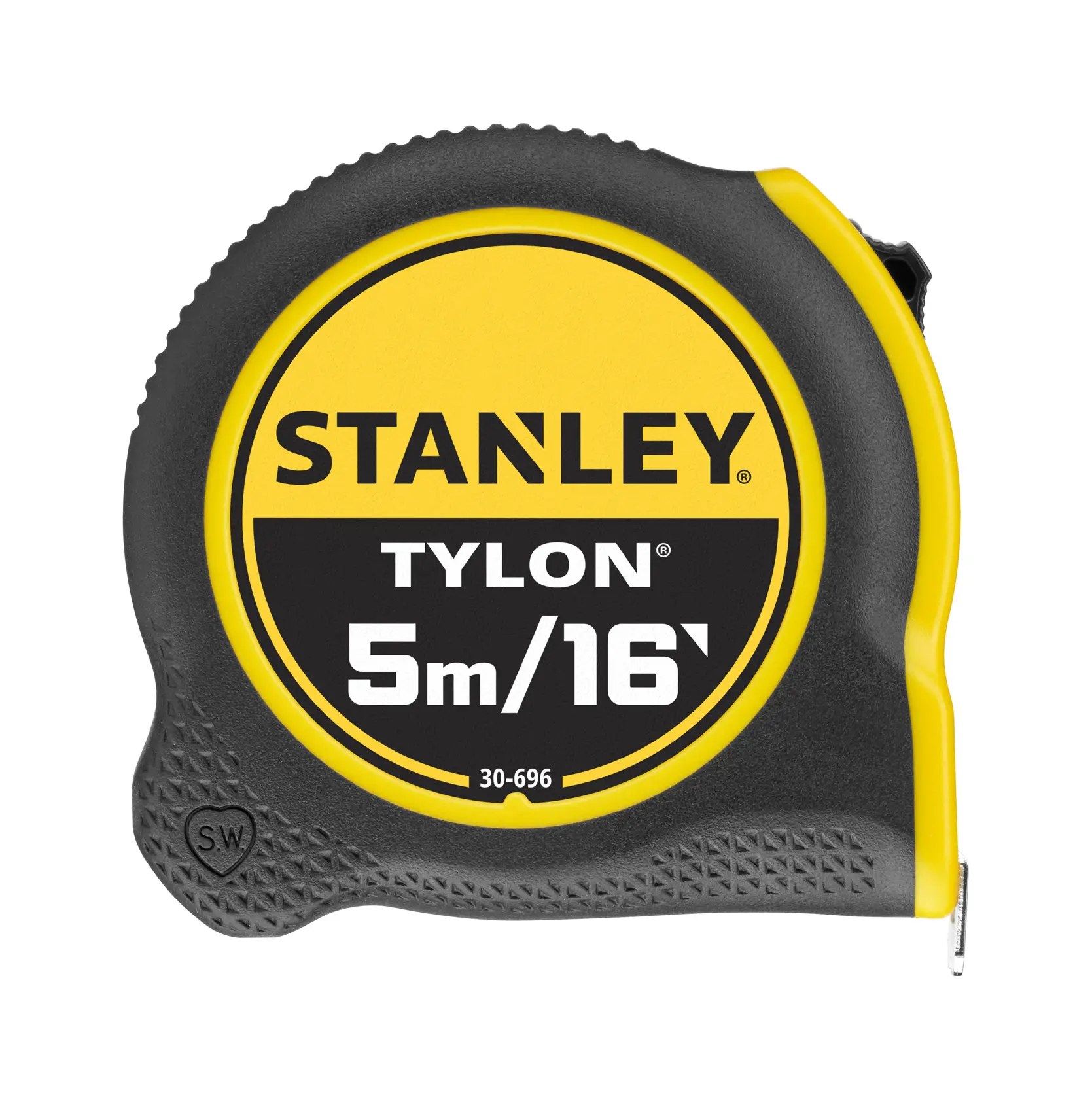STANLEY 1-30-696 tape measure with Tylon coating, 5m/16ft, black and yellow, front angle on white background.