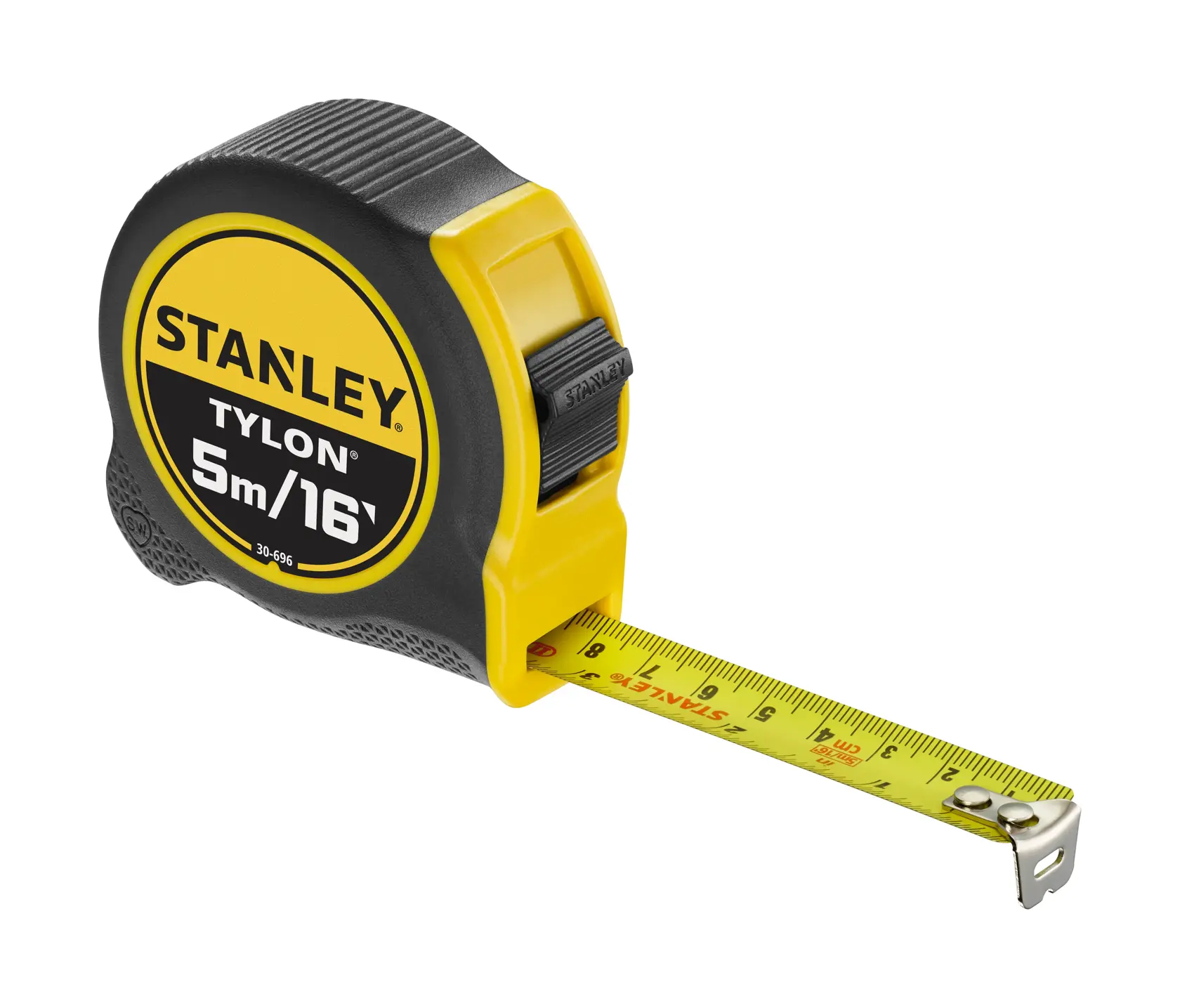 STANLEY 1-30-696 tape measure with yellow and black case, extended yellow measuring blade, side angle, white background.