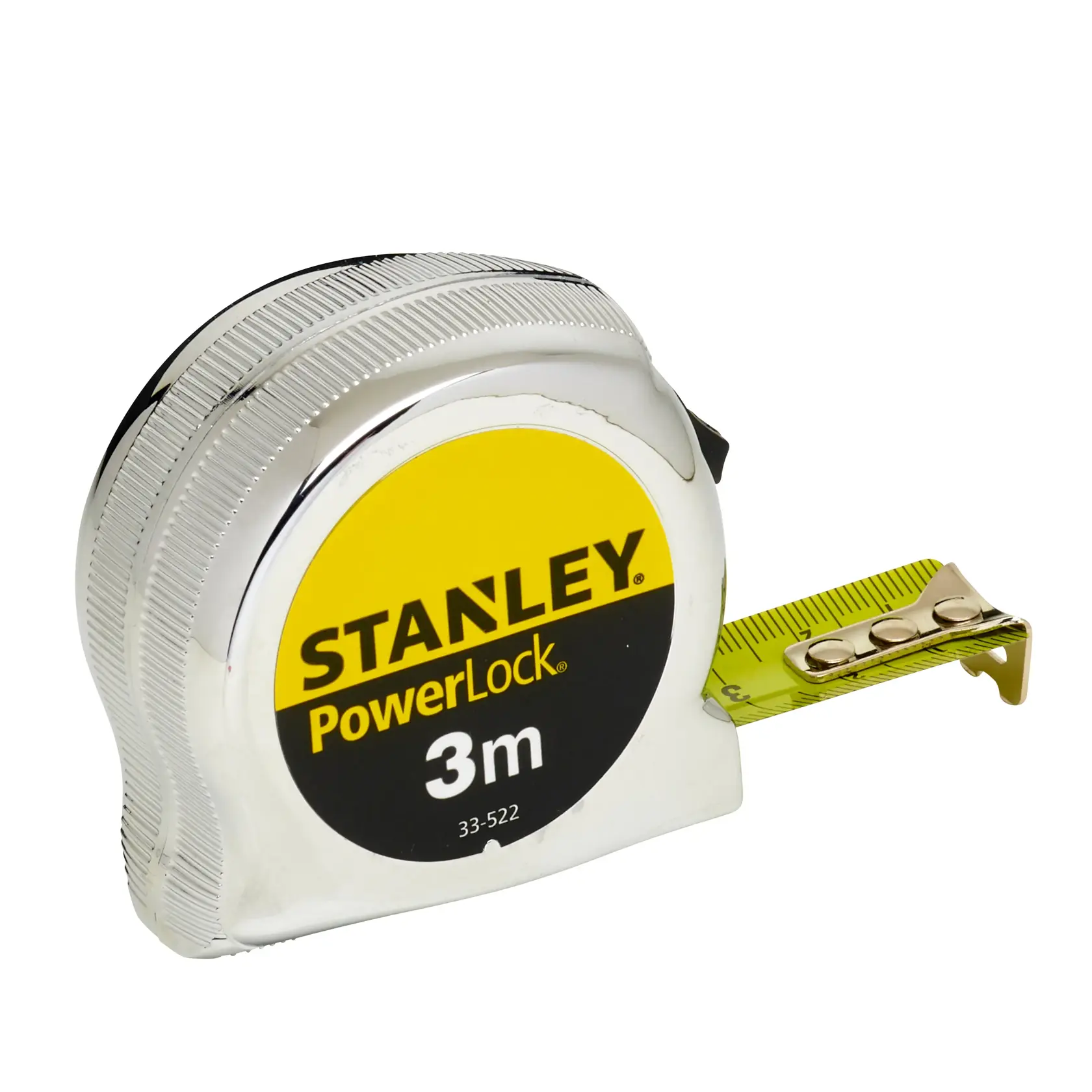 STANLEY 1-33-522 PowerLock 3m tape measure, chrome case, yellow blade, product side view on white background.