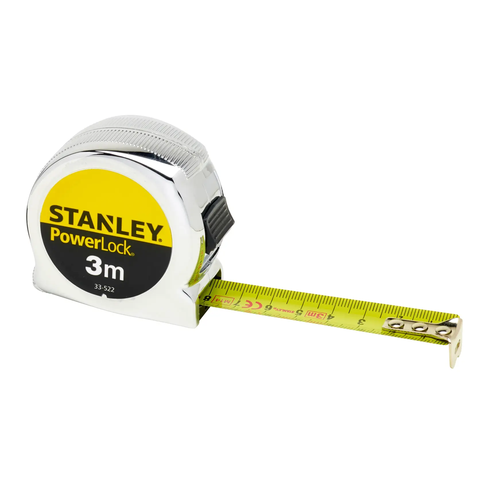 Stanley PowerLock 3m tape measure with yellow and black casing and extended measuring tape.