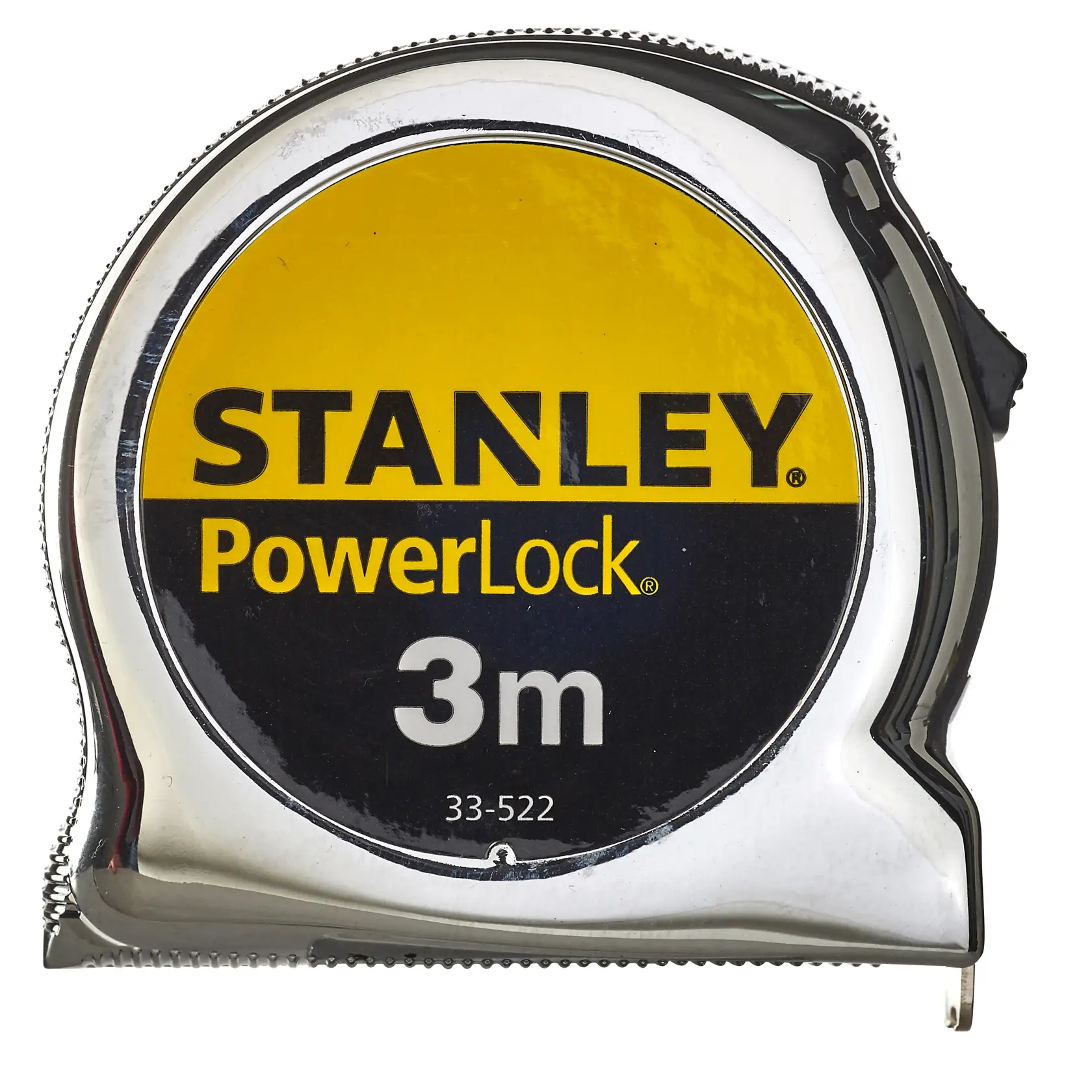 STANLEY 1-33-522 tape measure, PowerLock, 3m, chrome case, front view, product photography.