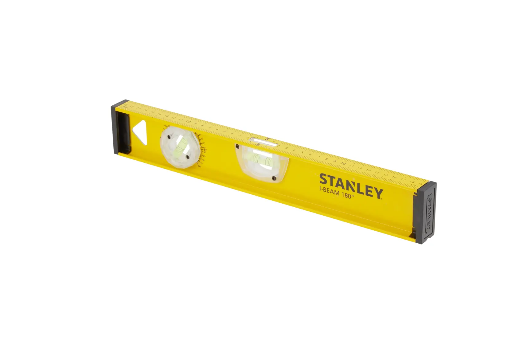 Stanley I-Beam 180 spirit level in yellow, with two vials and marked ruler edge, isolated on a white background.