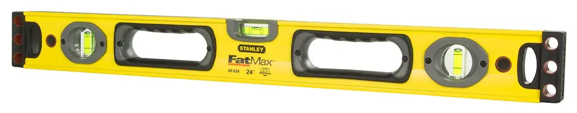 STANLEY 1-43-524 yellow spirit level with three vials, two handles, and black end caps, side angle on white.