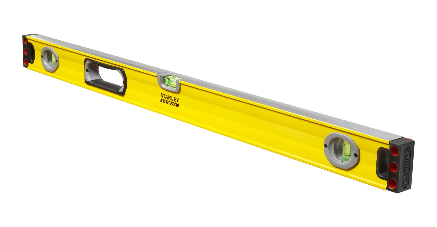 Yellow Stanley spirit level with handle and three bubble vials for precise measurements, model 1-43-536.