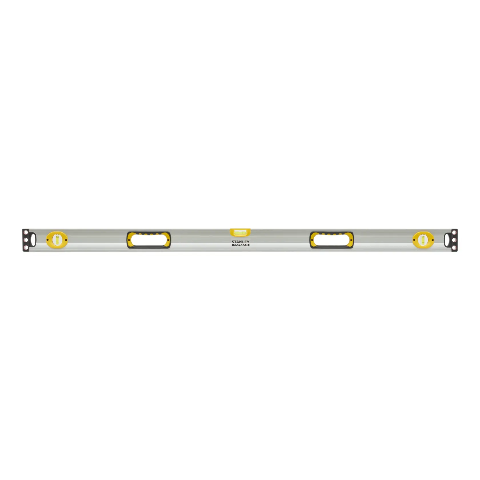 STANLEY 1-43-549 spirit level, silver body with yellow vials and handles, front angle on white background.