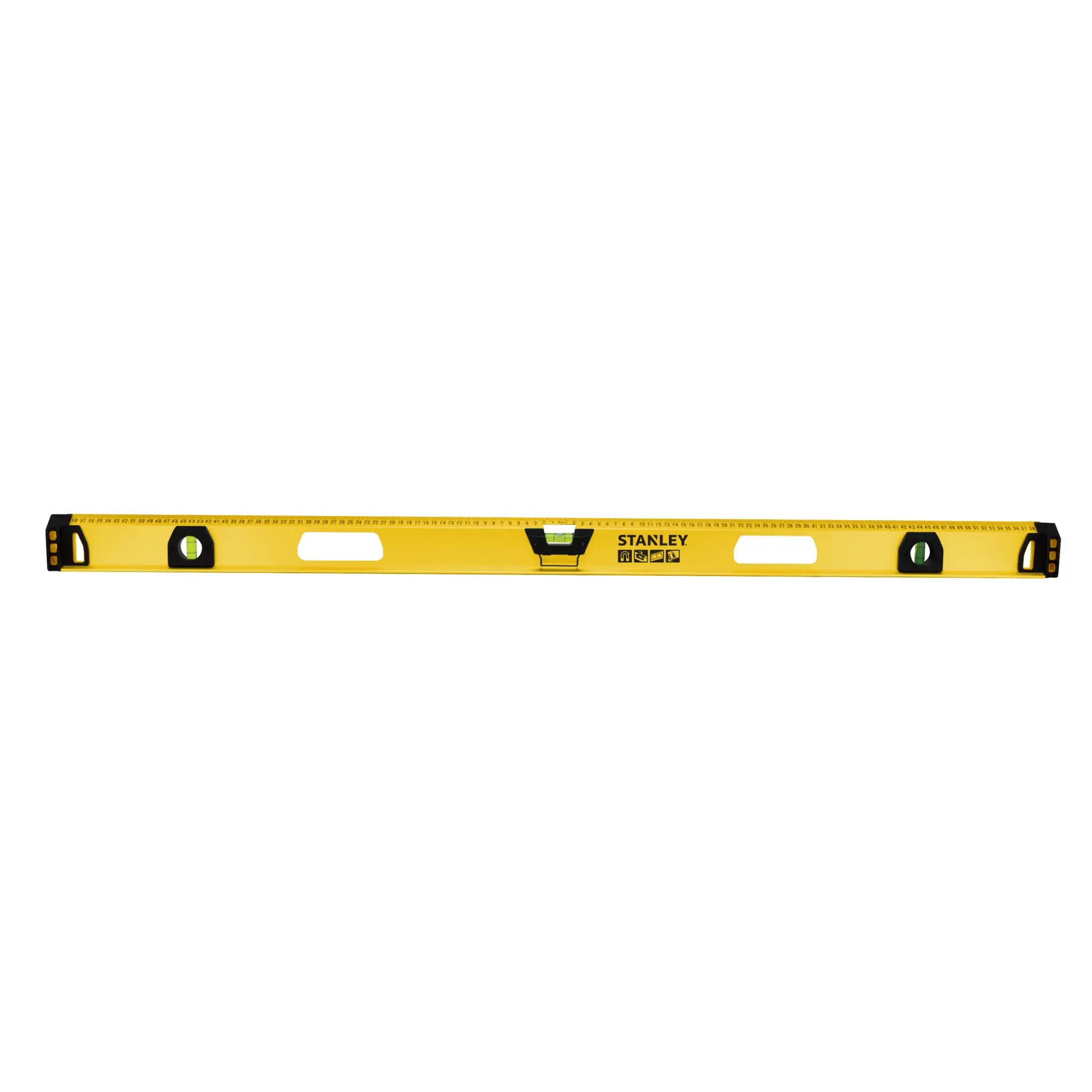 Photo of STANLEY 1-43-556 yellow spirit level with black end caps, front view, with three vials and two handles.