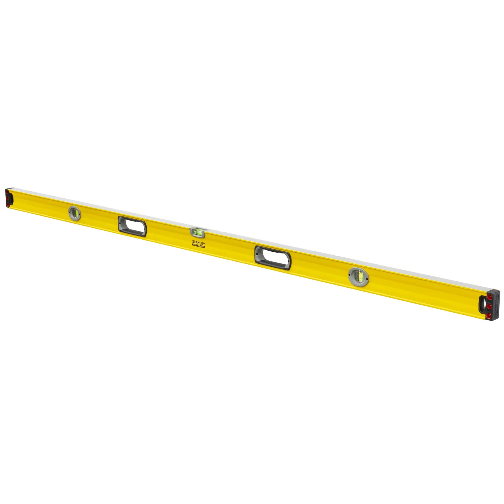 Photo of STANLEY 1-43-572 yellow spirit level with three vials and two handles, angled on white background.
