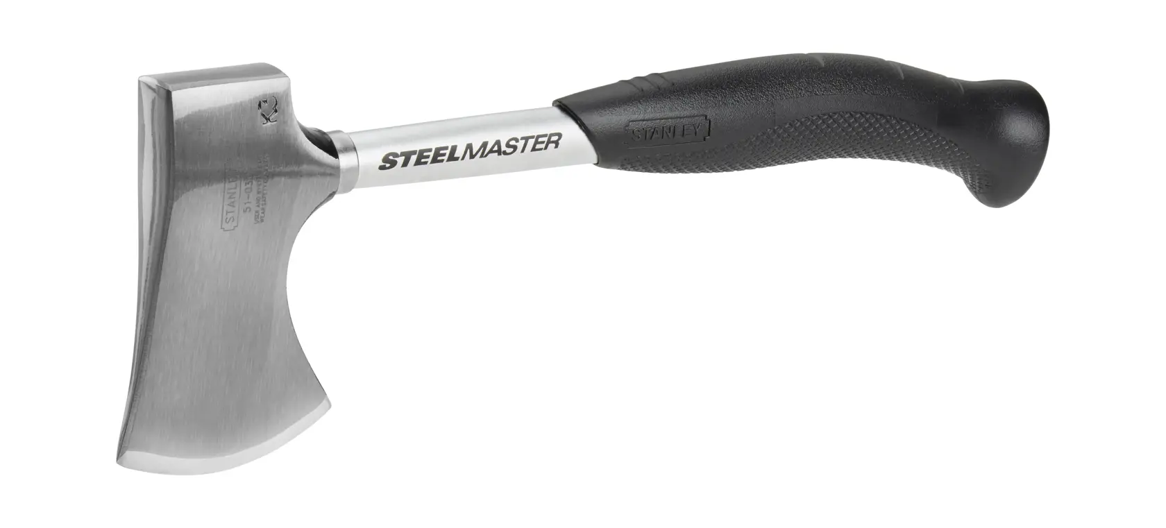 Stanley Steelmaster axe with a metal blade and a black ergonomic handle, shown on a white background.