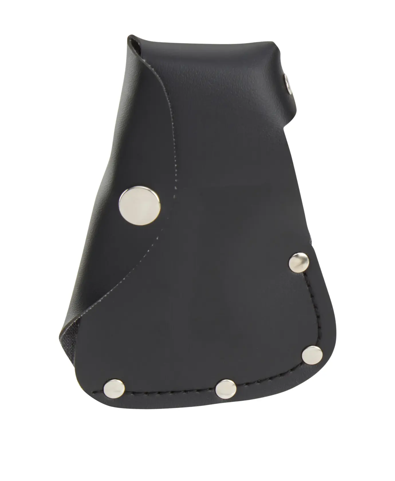Black Stanley leather hammer holster with metal rivets and stitched edges, shown against a white background.