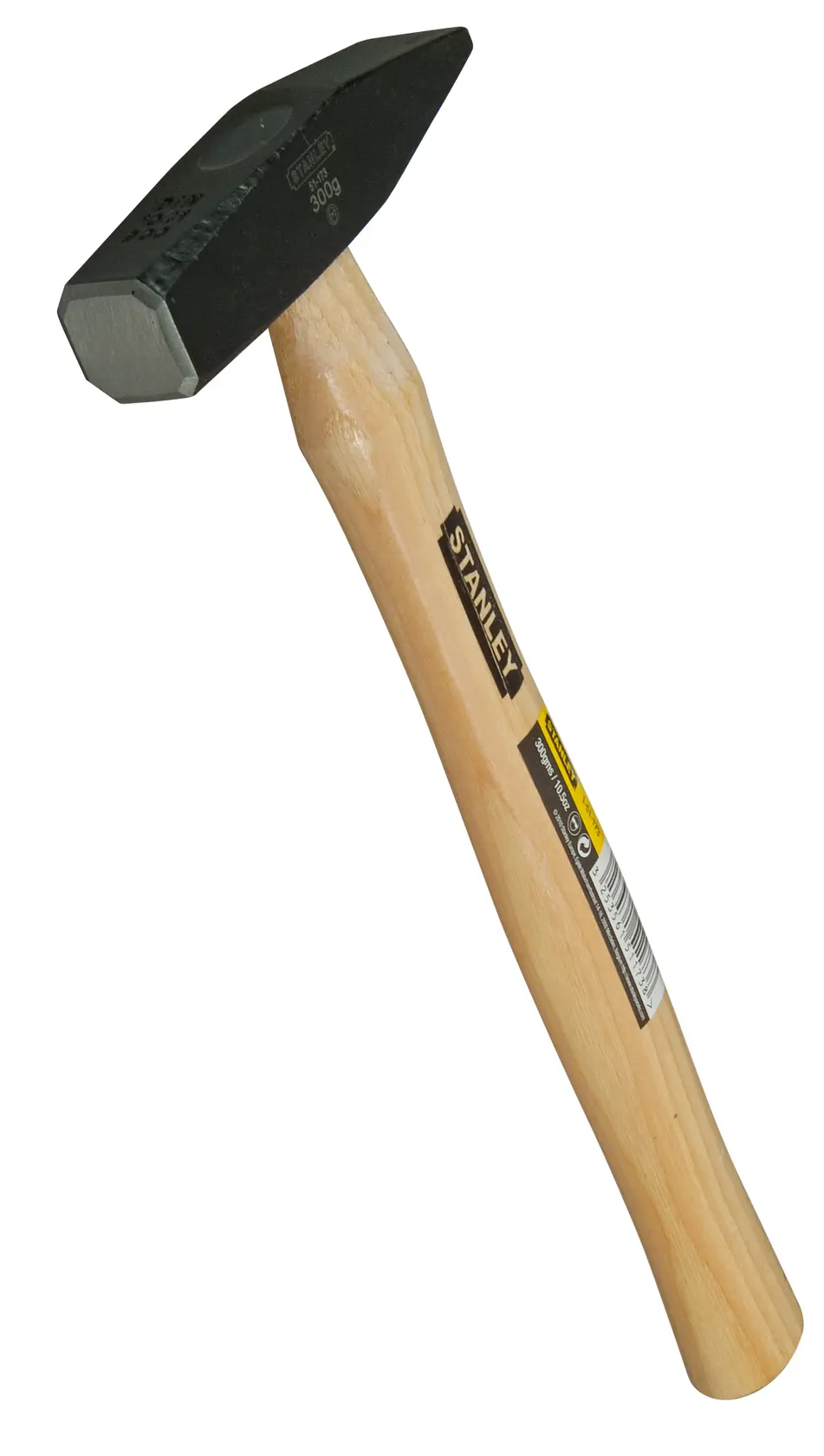 Stanley hammer with wooden handle and metal head shown on white background.