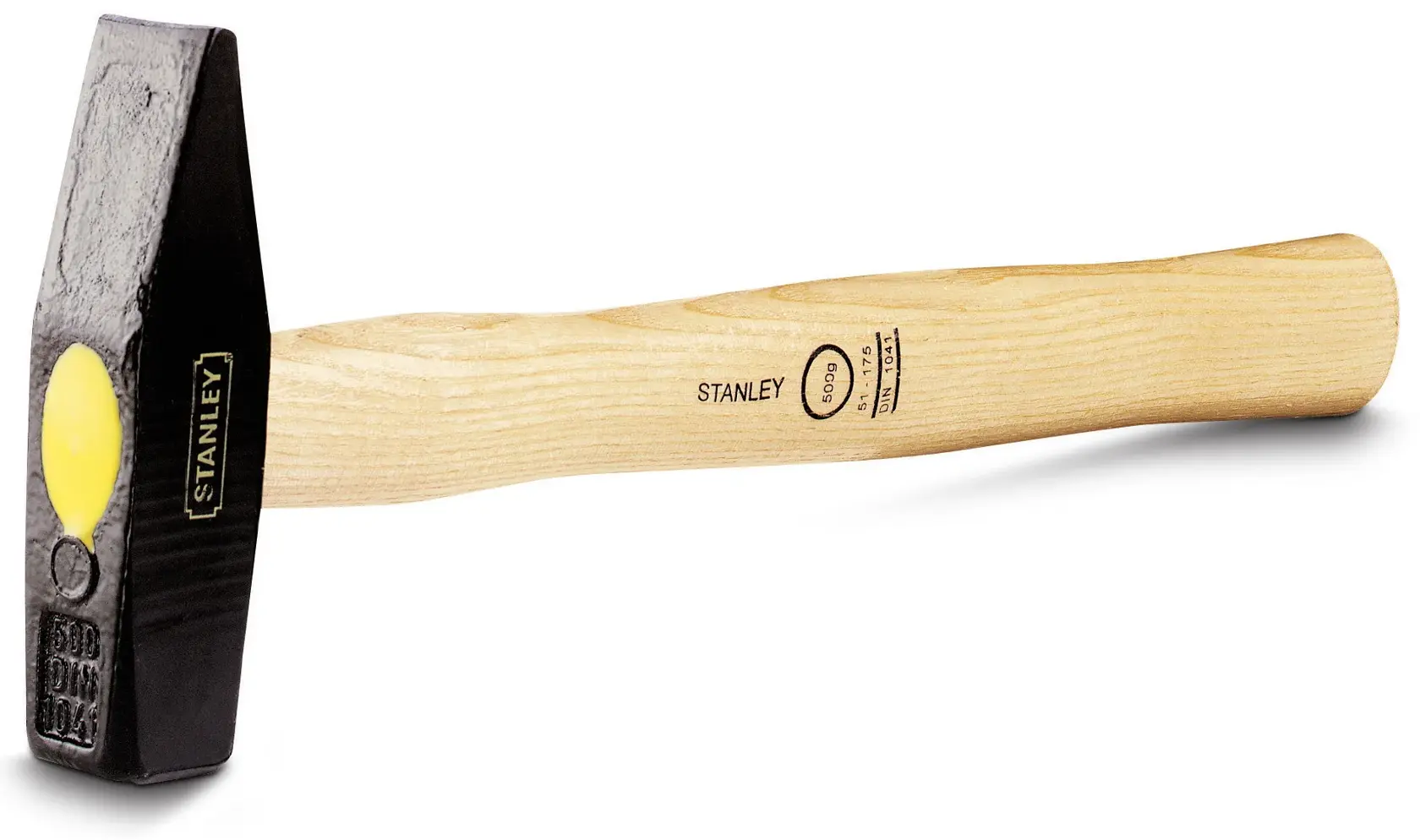 STANLEY 1-51-175 club hammer with wooden handle, side angle, black head, yellow detail.