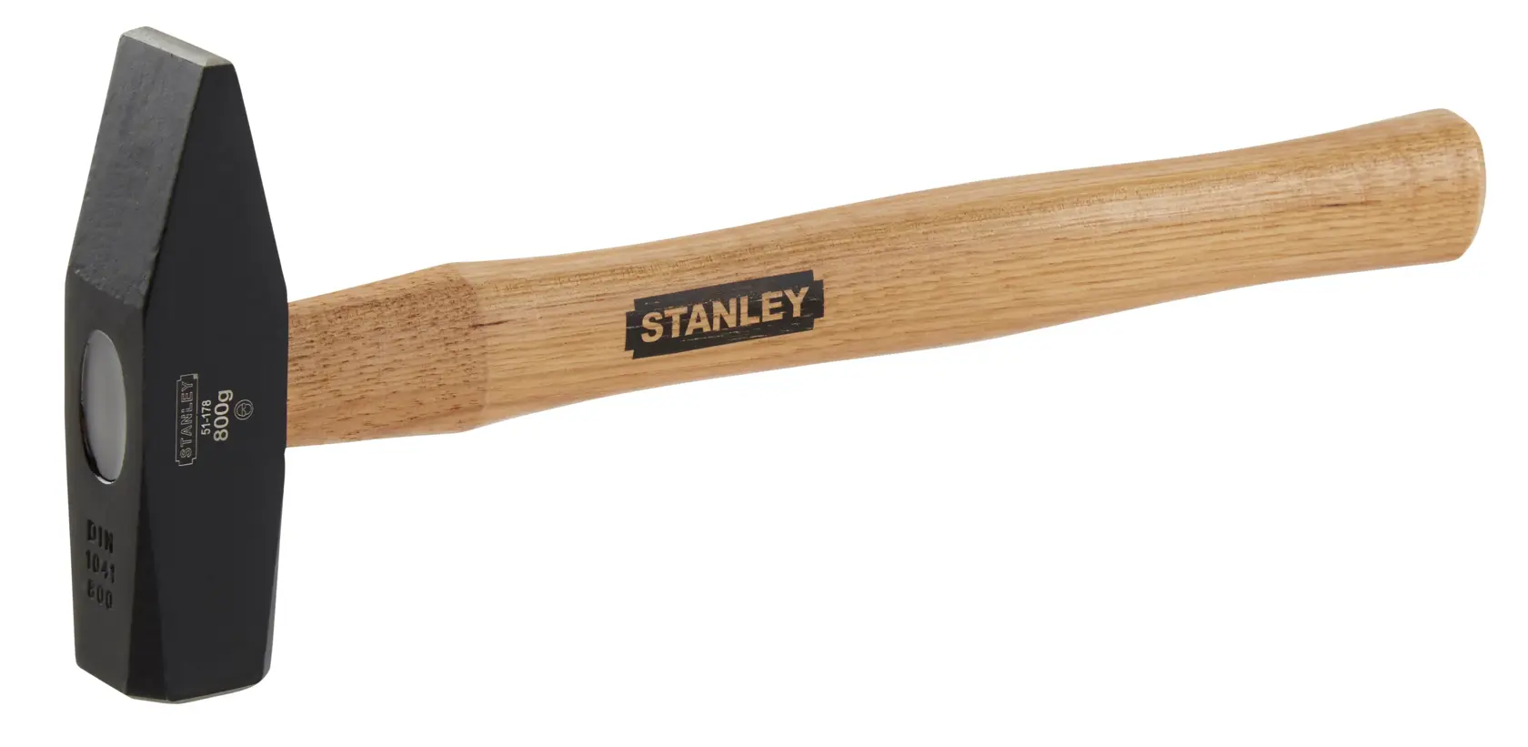 Stanley hammer with wooden handle and black metal head shown on a white background.