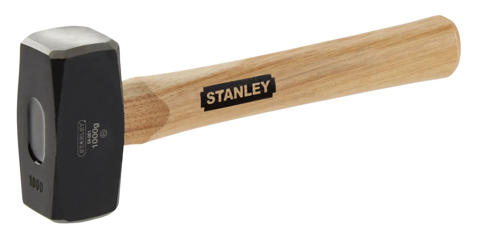 Photo of STANLEY 1-54-051 sledge hammer with wooden handle, black steel head, side angle on white background.
