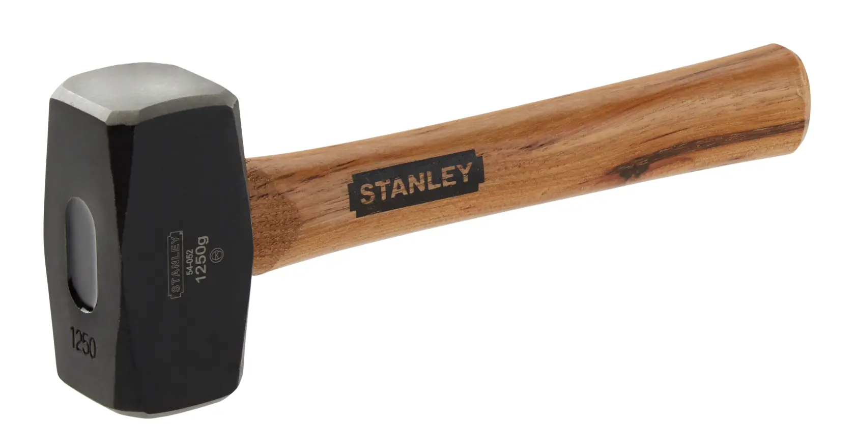 STANLEY 1-54-052 sledge hammer with black metal head and natural wood handle, side angle on white background.