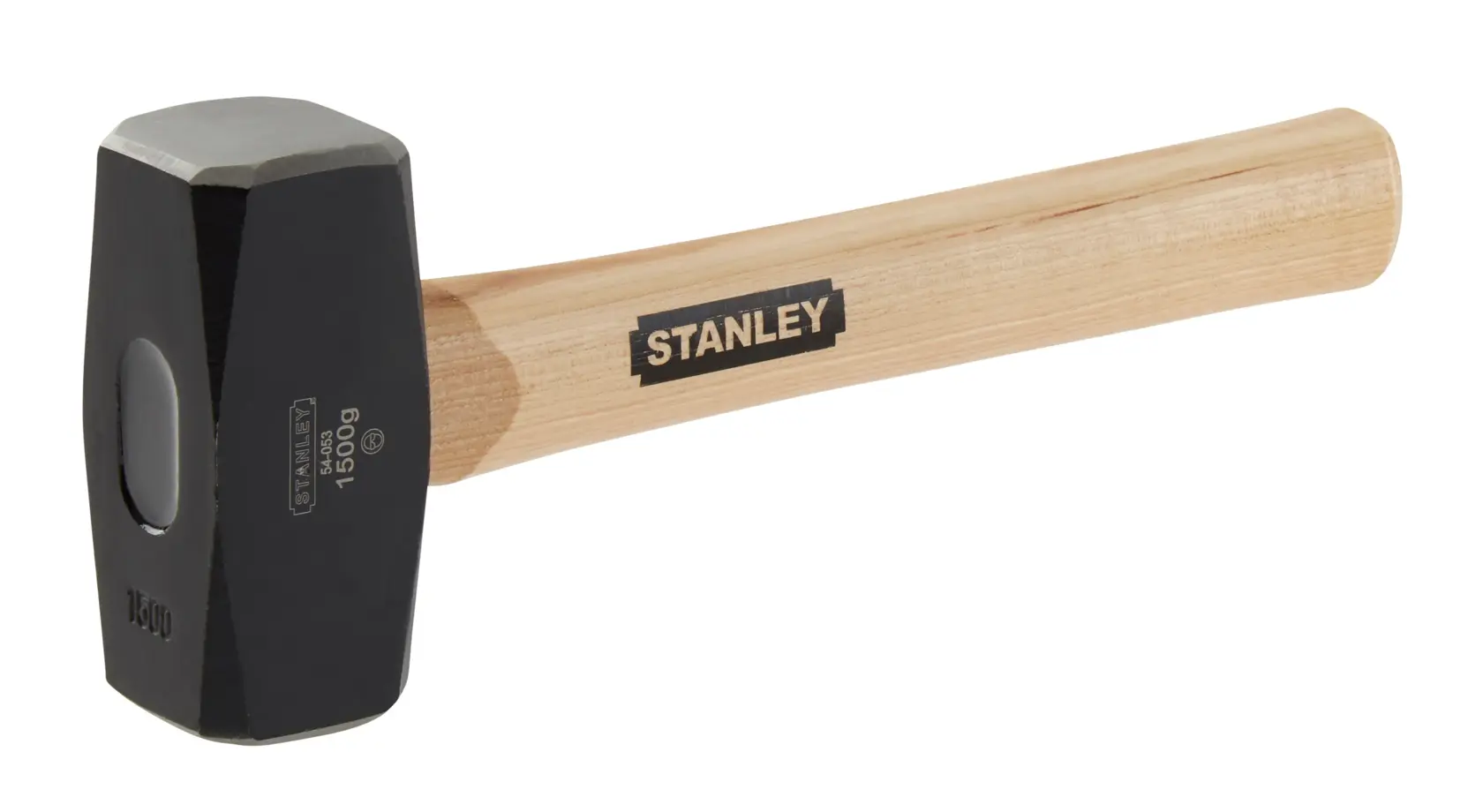 Stanley sledgehammer with wooden handle and metal head, shown on a white background.