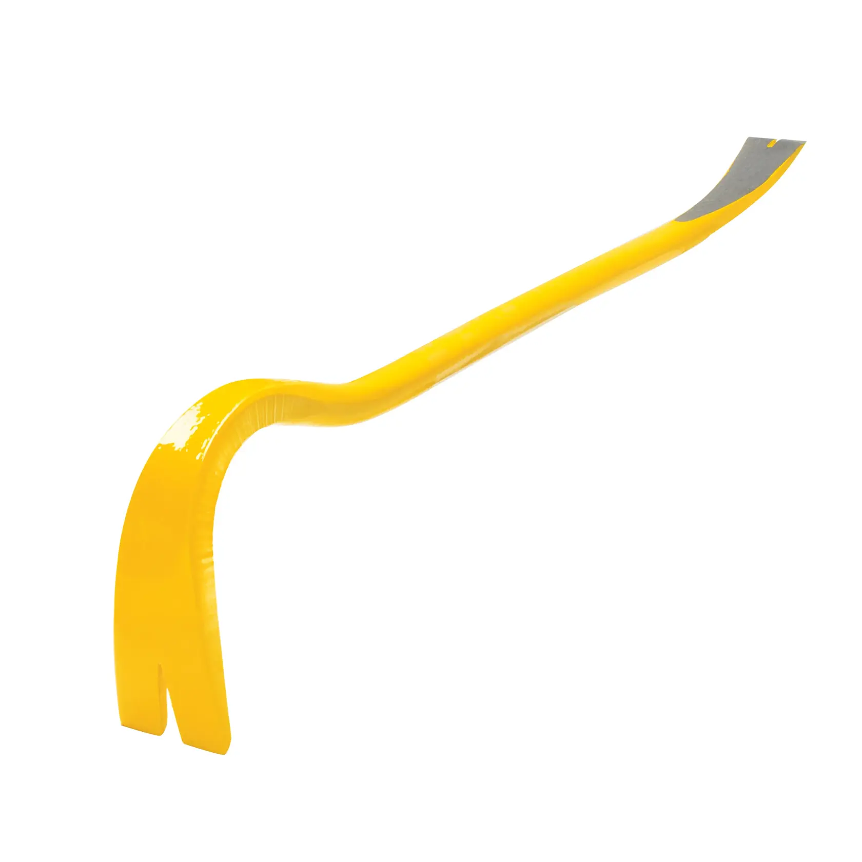 Yellow metal crowbar with curved end and flat prying tip, isolated on white background.