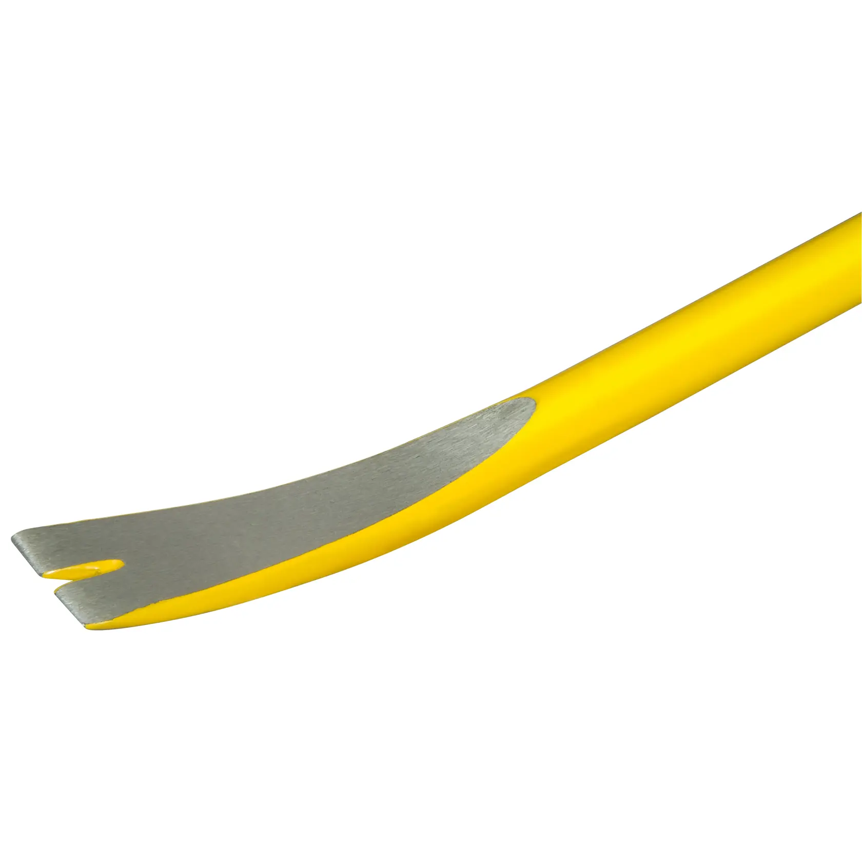 STANLEY 1-55-504 pry bar with yellow handle and polished metal end, angled close-up on white background.