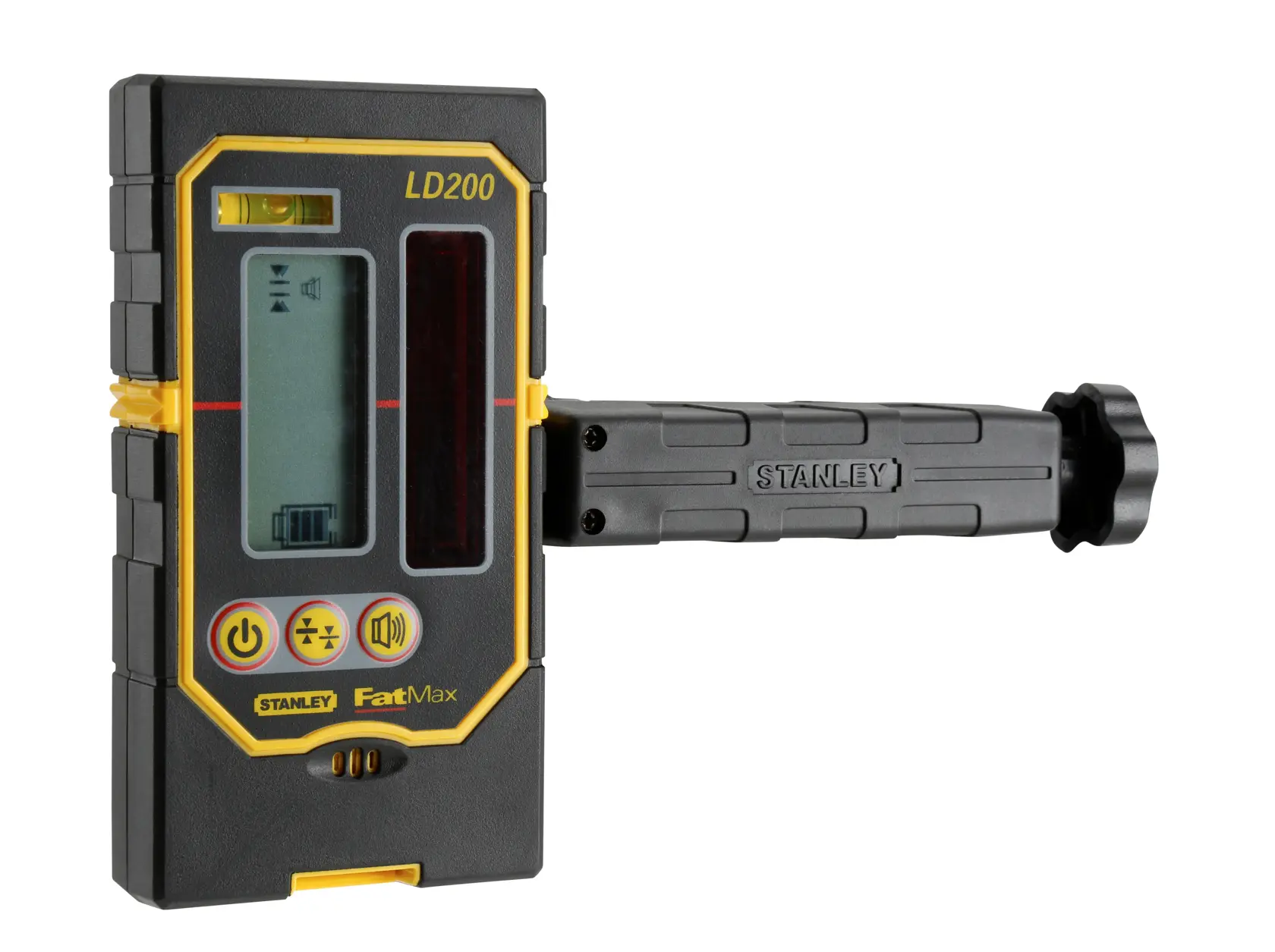 Stanley LD200 laser detector with digital display and mounting handle, used for precise leveling in photography.