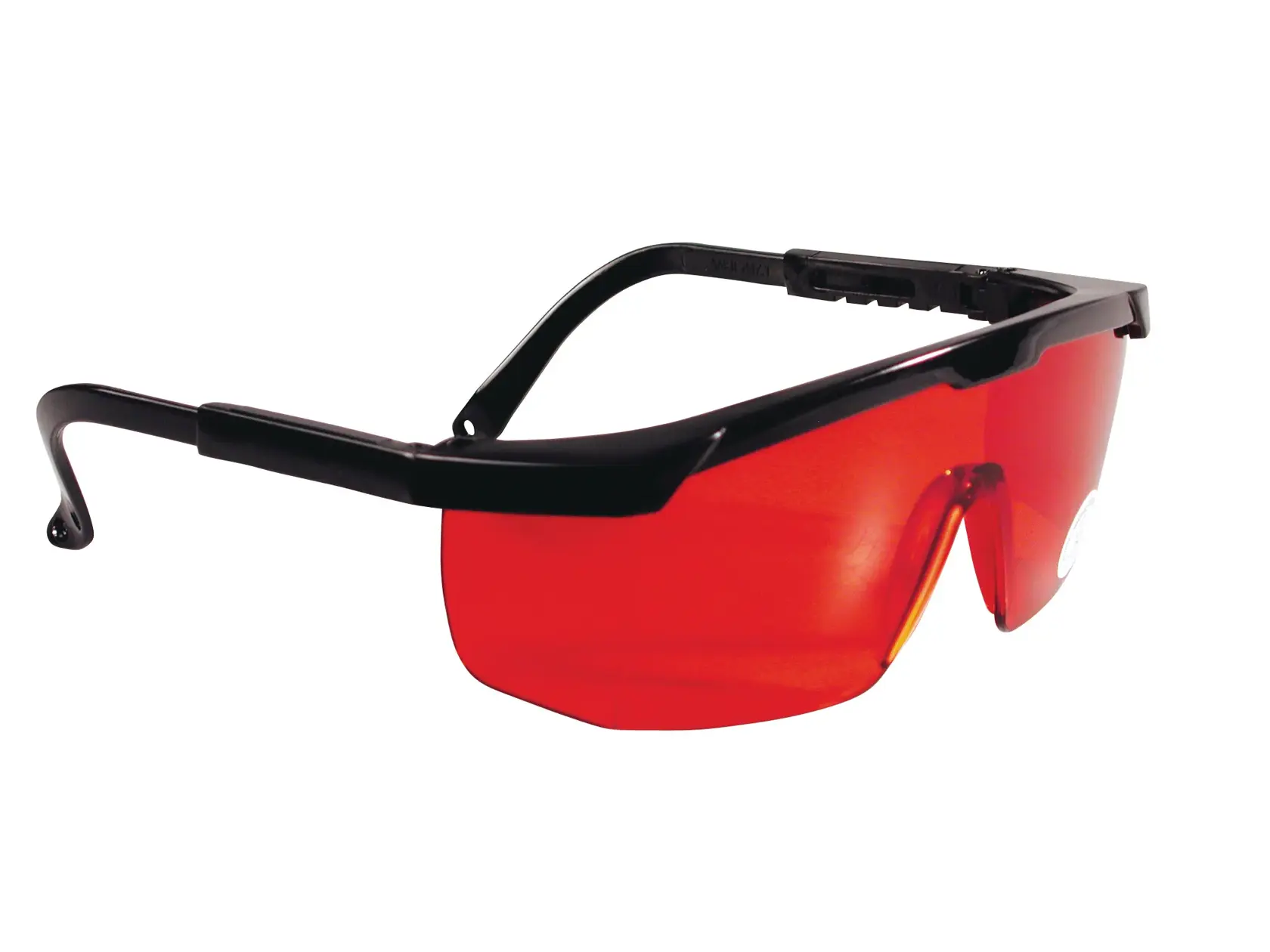 STANLEY 1-77-171 safety glasses with black frame and red lens, side view on white background.