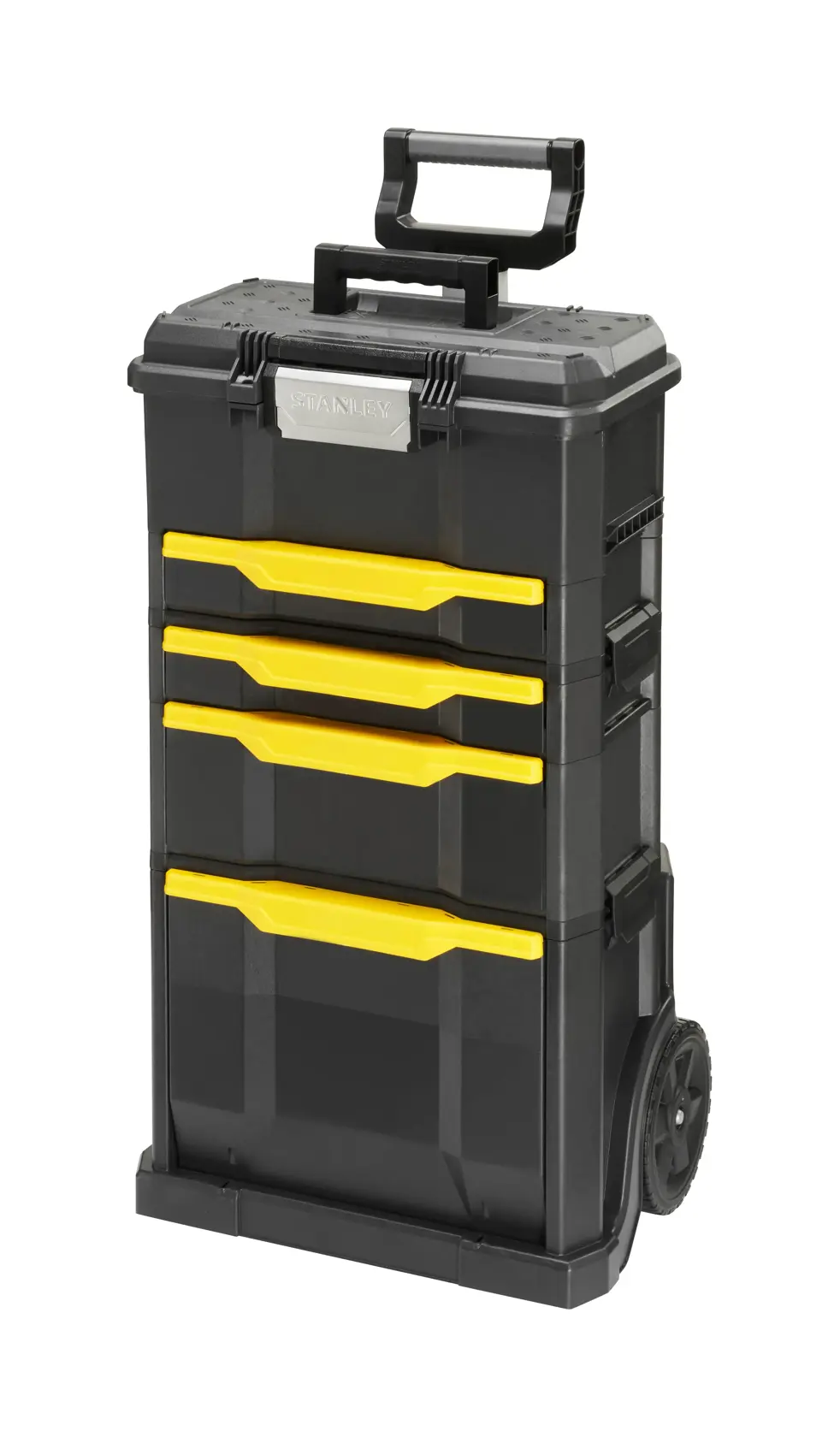 Stanley schwarze Rollwerkzeugbox mit vier gelben Schubladen und Griff für mobilen Stauraum.