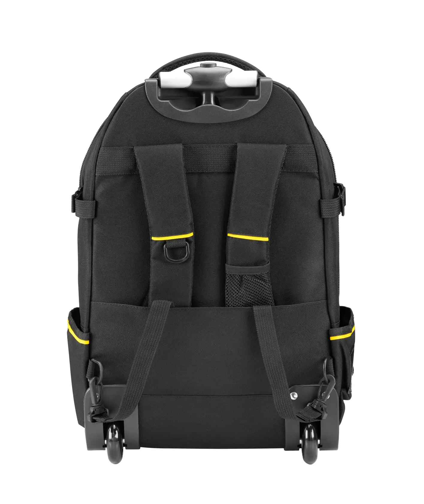 STANLEY 1-79-215 black tool backpack with yellow accents, rear view showing straps and wheels, white background.
