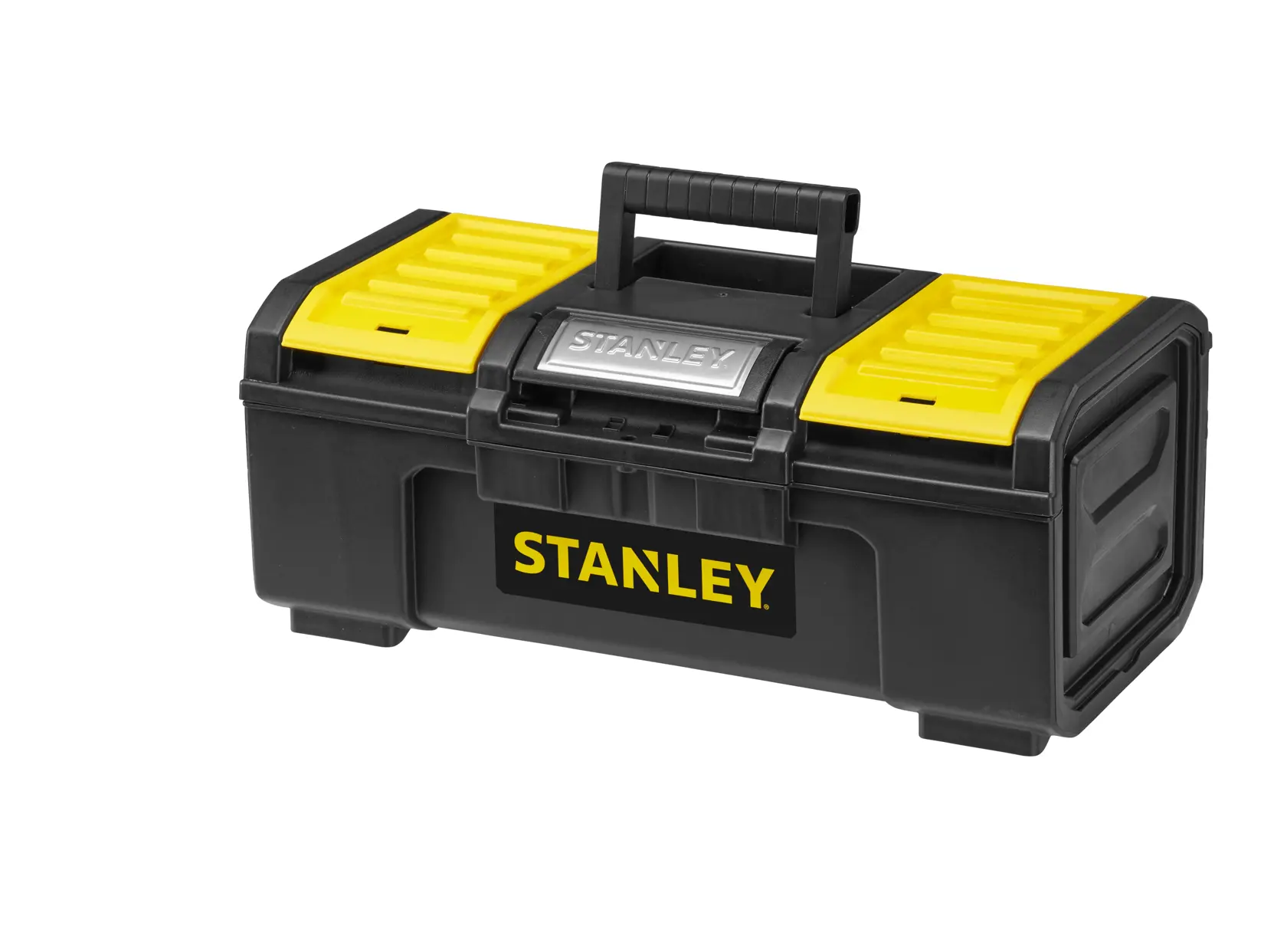 Photo of STANLEY 1-79-216 black and yellow toolbox, front angle, sturdy handle, rectangular shape.