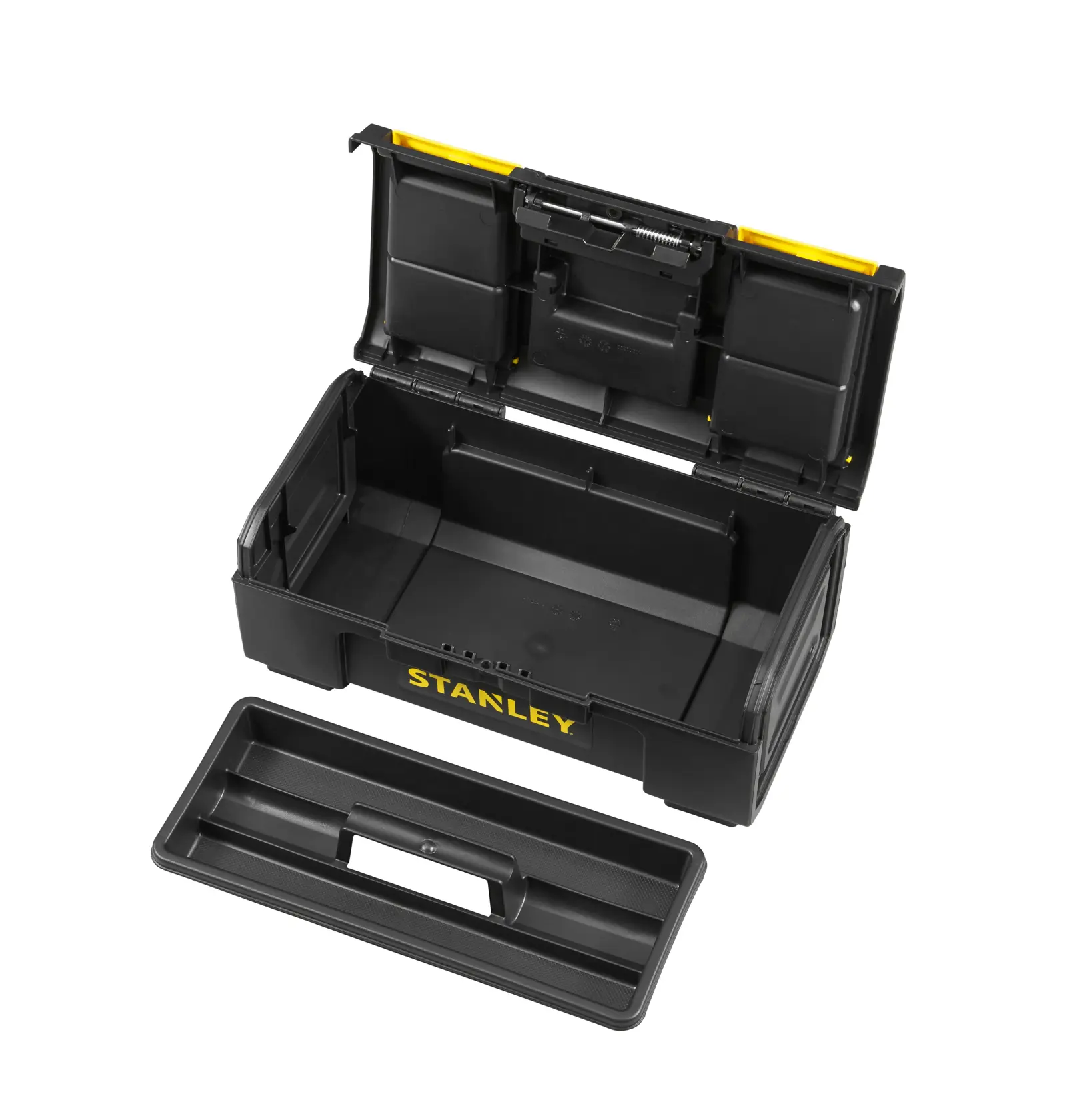 STANLEY 1-79-216 black toolbox with open lid and removable tray, angled front view on white background.