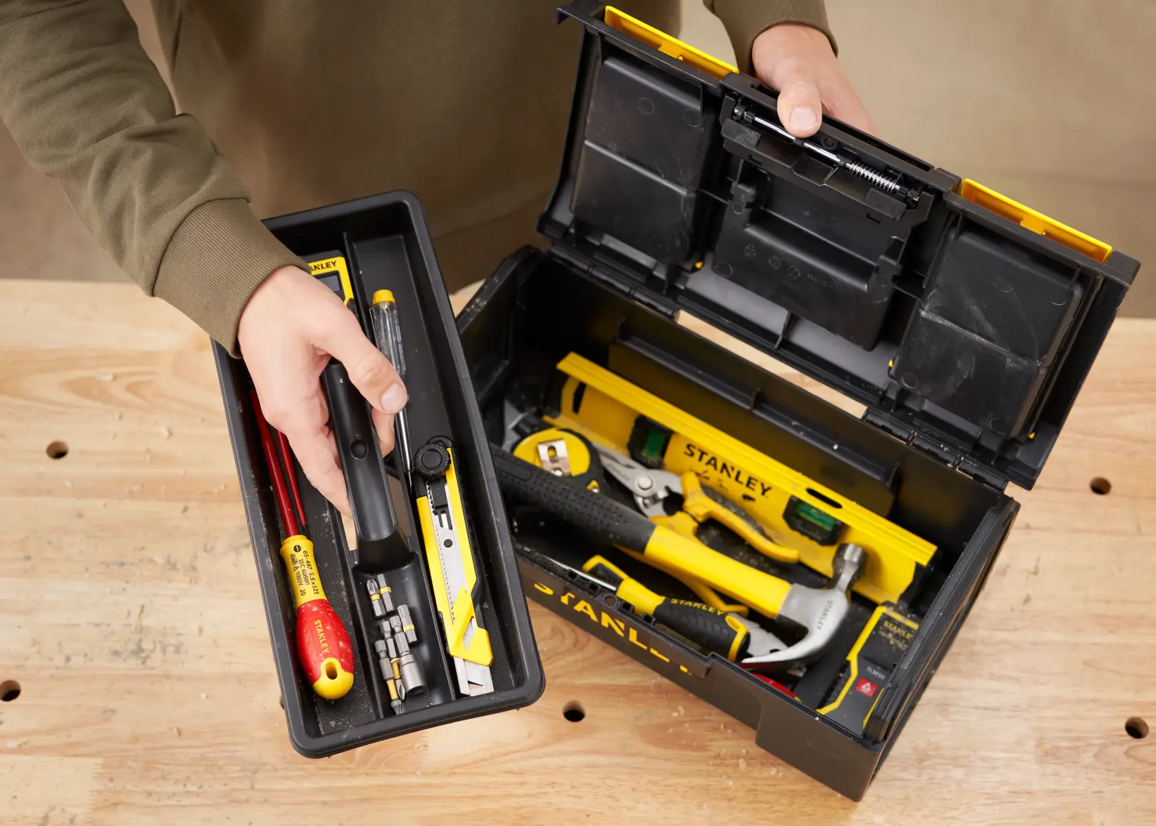 STANLEY 1-79-216 toolbox photography showing open lid with assorted hand tools inside.