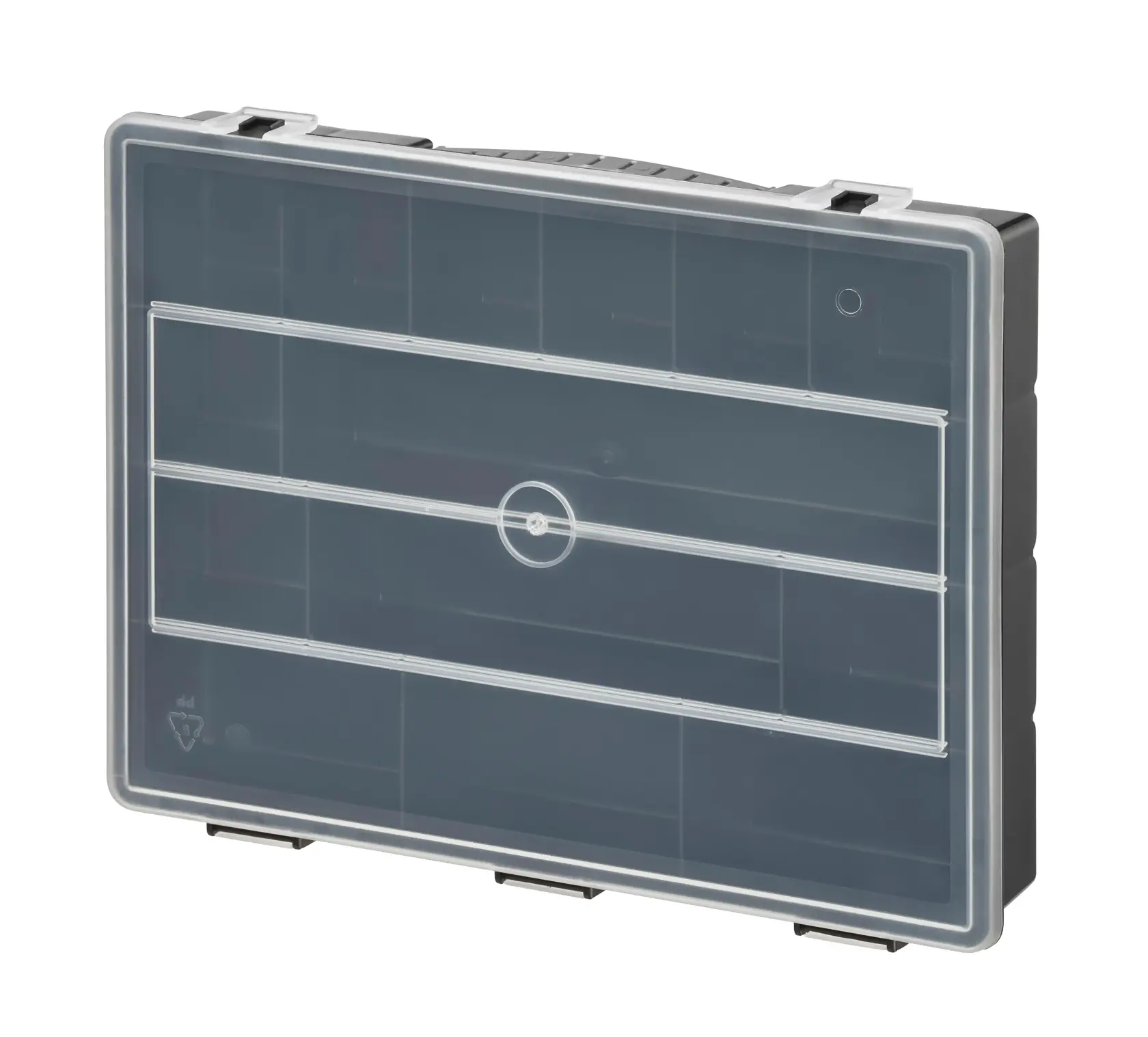 STANLEY 1-92-761 photography of plastic organizer box with clear lid, front angle.