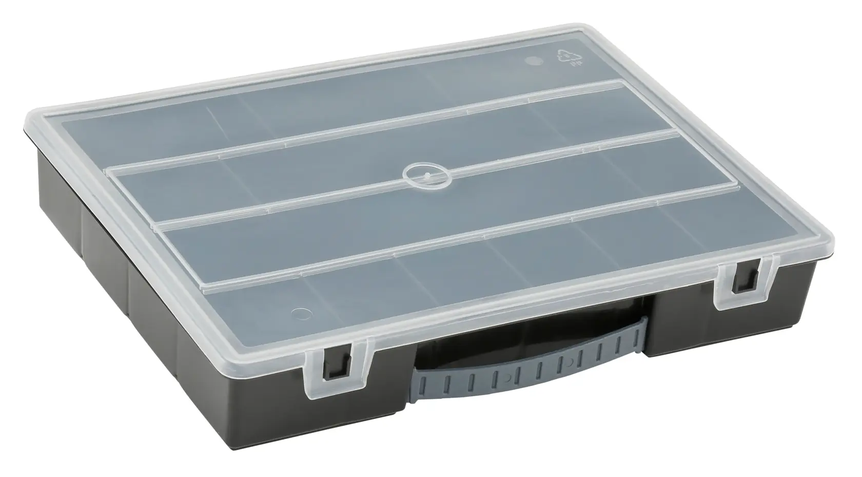 STANLEY 1-92-761 organizer box with transparent lid and black base, photographed at an angle on white background.