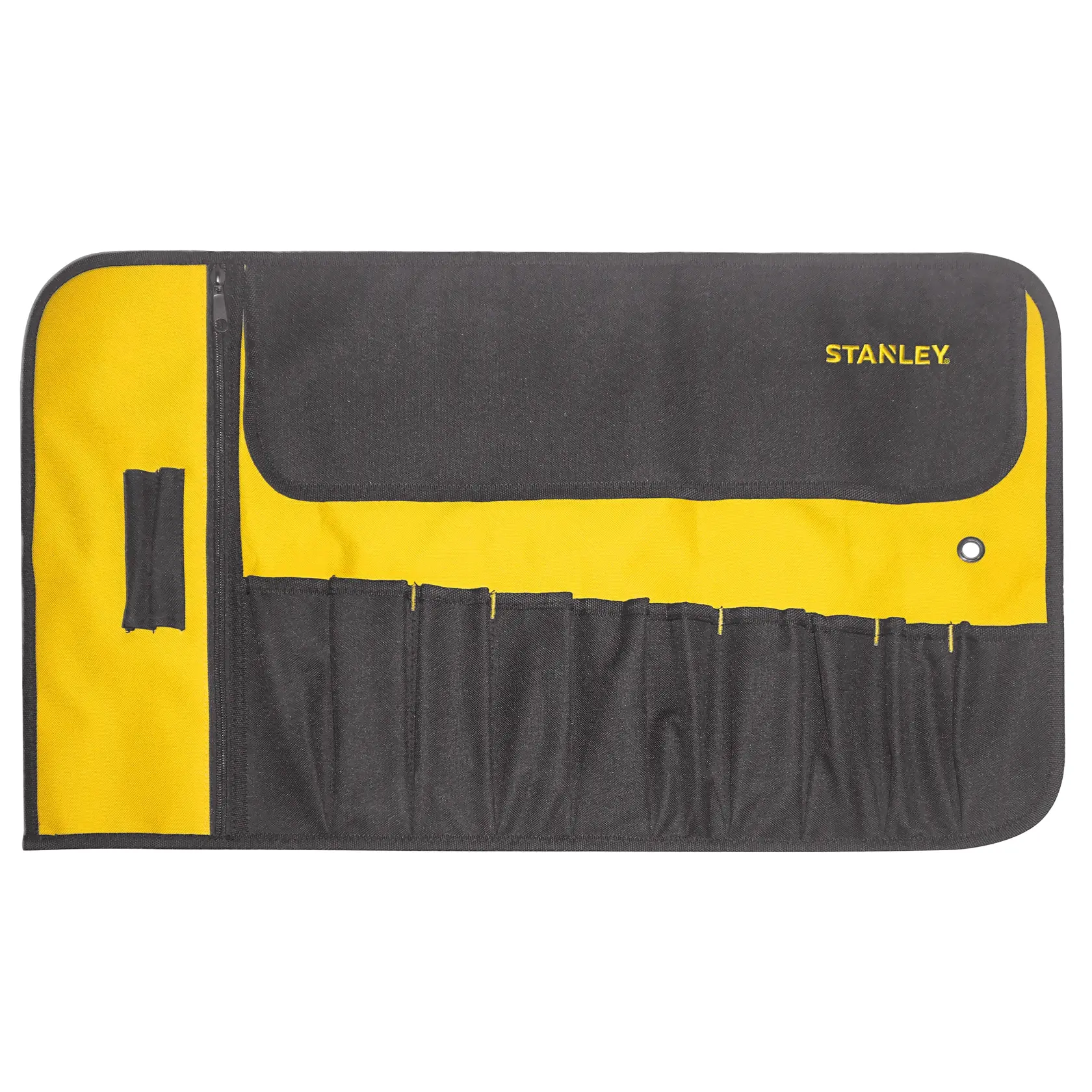 STANLEY 1-93-601 tool roll, black and yellow fabric with multiple pockets, flat top view.