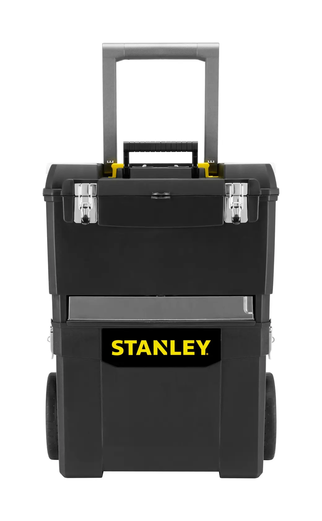Stanley black rolling toolbox with metal latches and handle, suitable for storing photography gear.