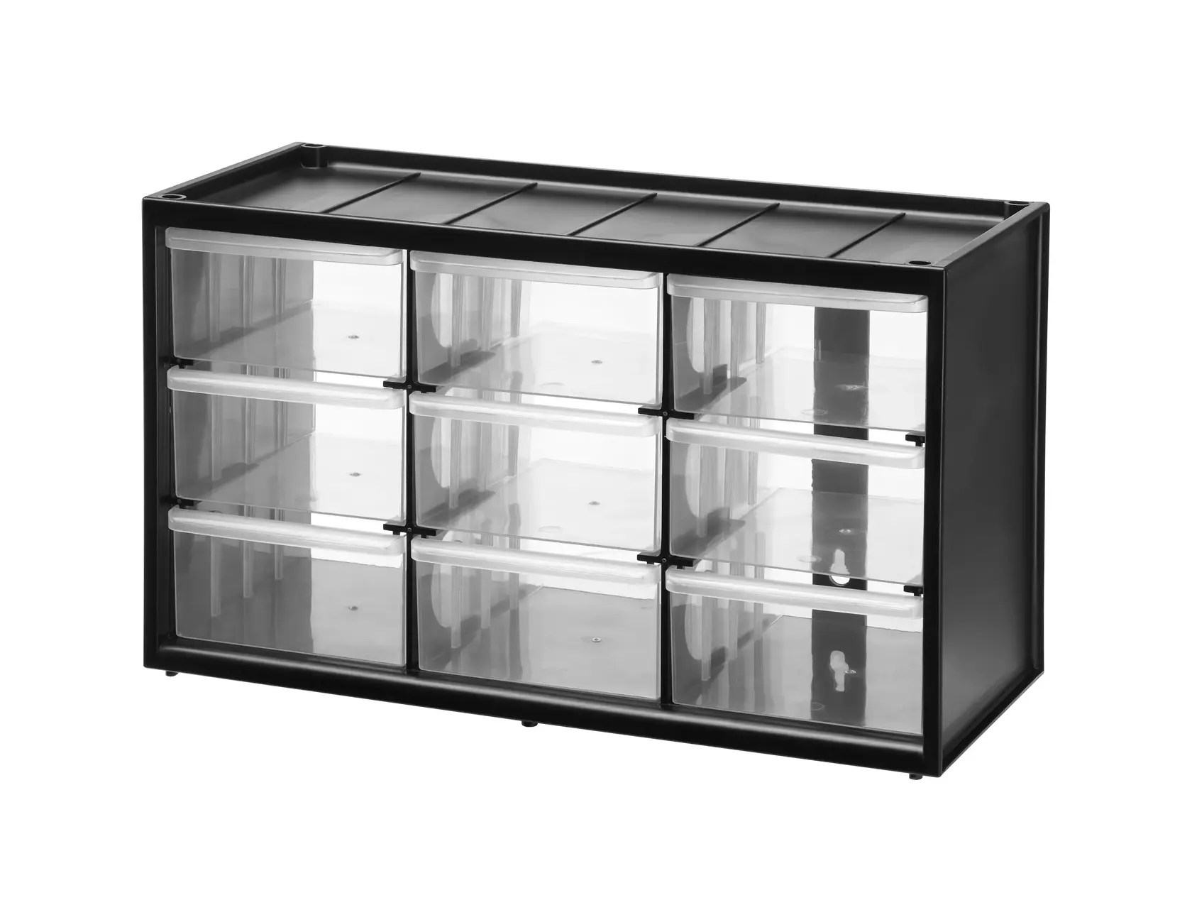 STANLEY 1-93-978 black plastic organizer cabinet with nine clear drawers, angled front on white background.