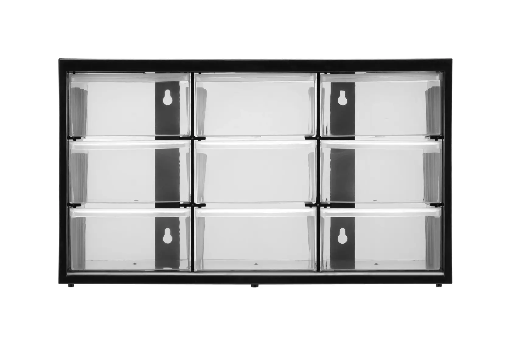 STANLEY 1-93-978 organizer with nine clear drawers, black frame, front view, product photography.