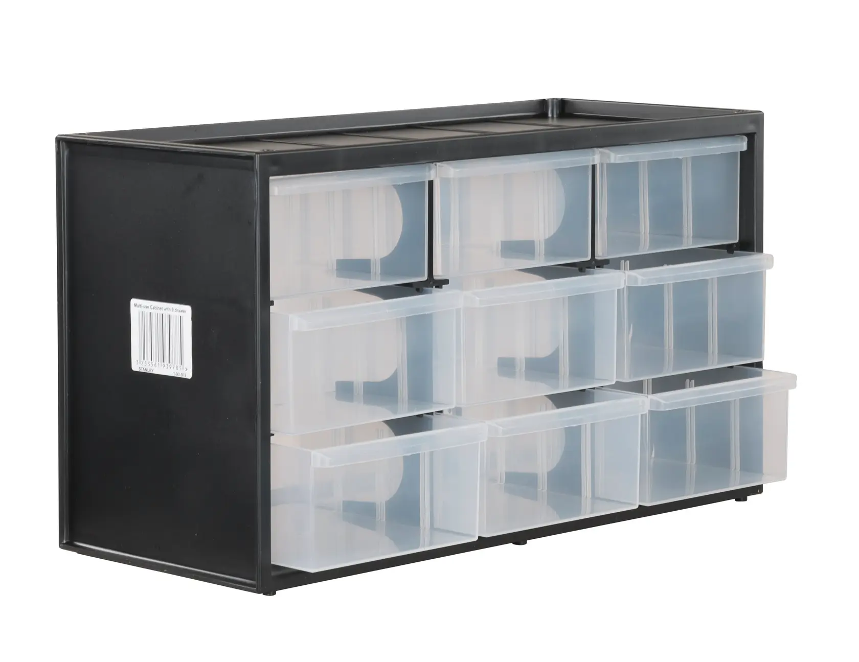 STANLEY 1-93-978 storage cabinet with nine clear plastic drawers, angled front view on white background.
